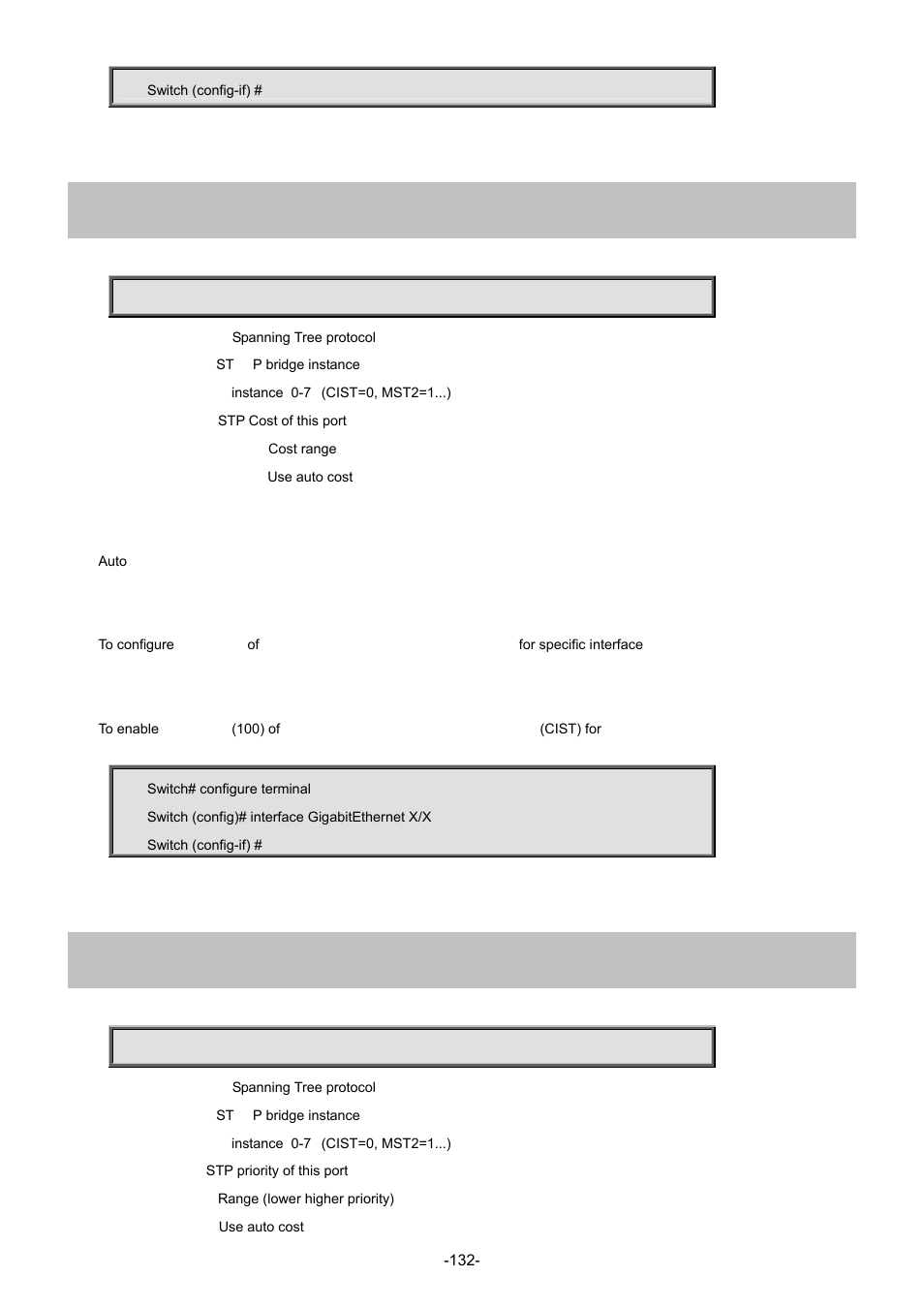 112 spanning-tree mst <instance : 0-7> cost, 113 spanning-tree mst <instance : 0-7> cost | Interlogix NS3702-24P-4S Command Line Guide User Manual | Page 132 / 405