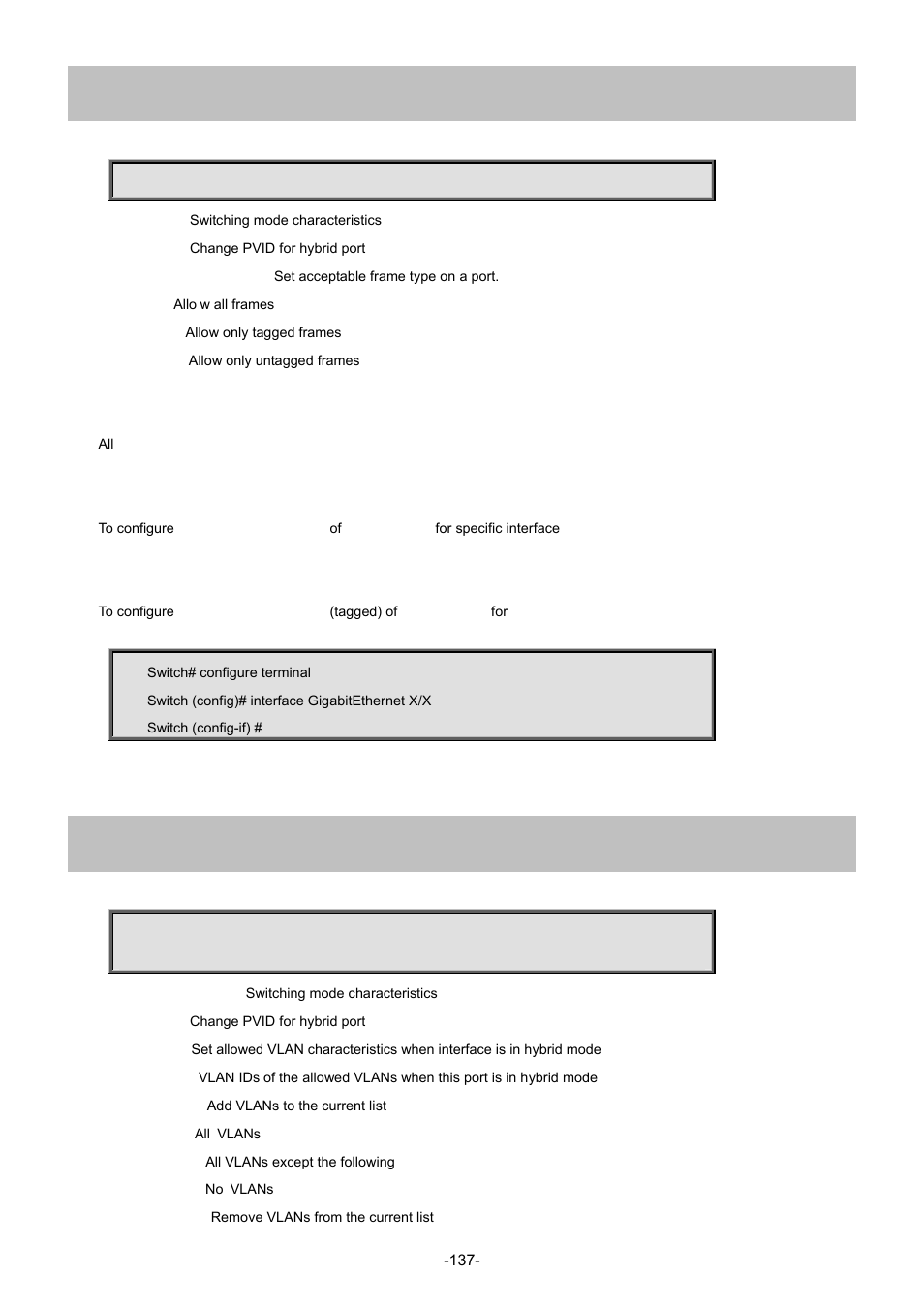 120 switchport hybrid acceptable-frame-type, 121 switchport hybrid allowed vlan | Interlogix NS3702-24P-4S Command Line Guide User Manual | Page 137 / 405