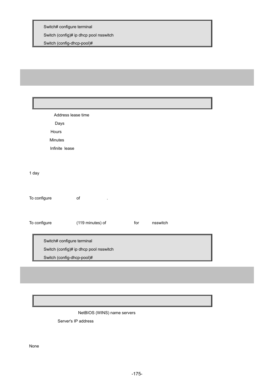 13 lease, 14 netbios-name-server | Interlogix NS3702-24P-4S Command Line Guide User Manual | Page 175 / 405