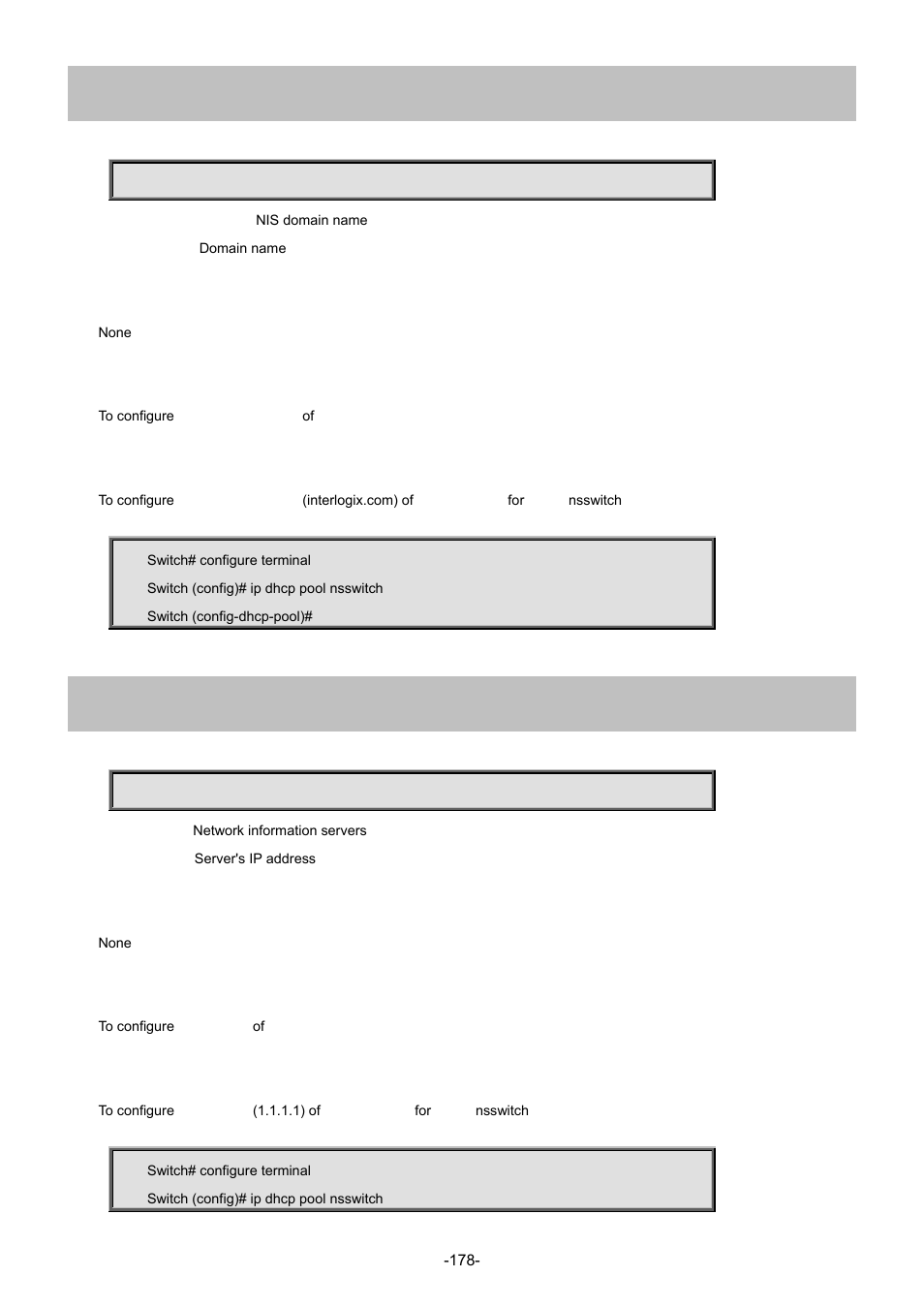 18 nis-domain-name, 19 nis-server | Interlogix NS3702-24P-4S Command Line Guide User Manual | Page 178 / 405