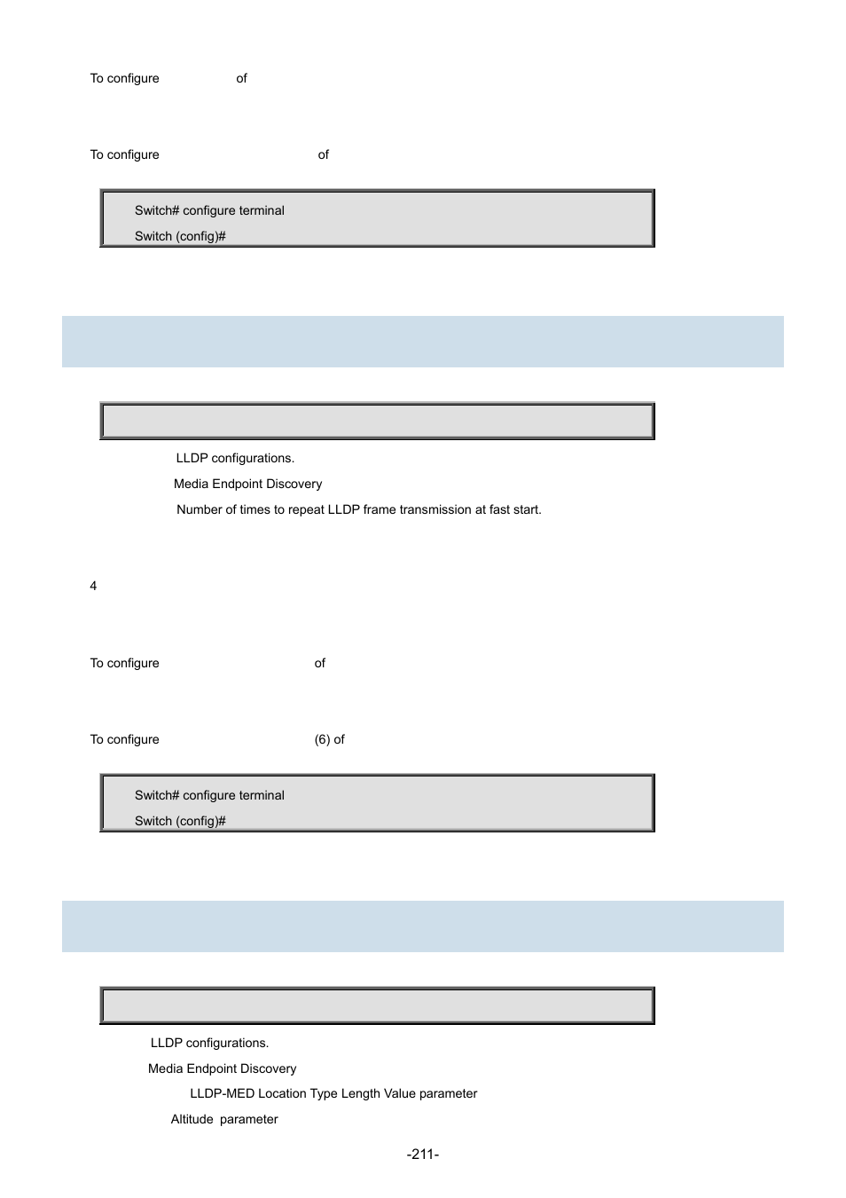 89 lldp med fast, 90 lldp med location-tlv altitude | Interlogix NS3702-24P-4S Command Line Guide User Manual | Page 211 / 405