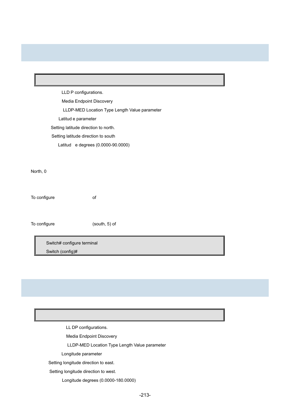 92 lldp med location-tlv latitude, 93 lldp med location-tlv longitude | Interlogix NS3702-24P-4S Command Line Guide User Manual | Page 213 / 405