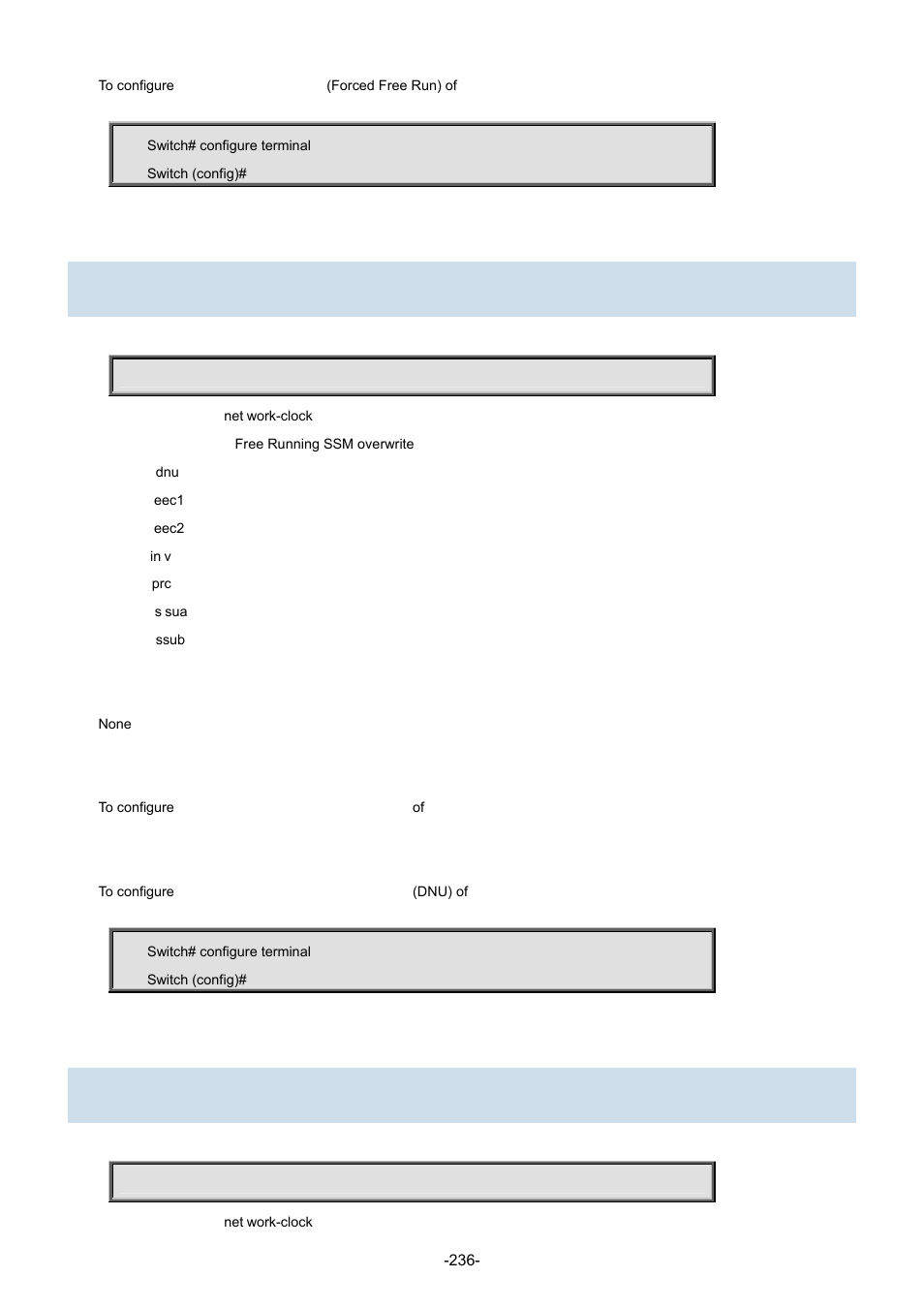 130 network-clock ssm-freerun, 131 network-clock ssm-holdover | Interlogix NS3702-24P-4S Command Line Guide User Manual | Page 236 / 405