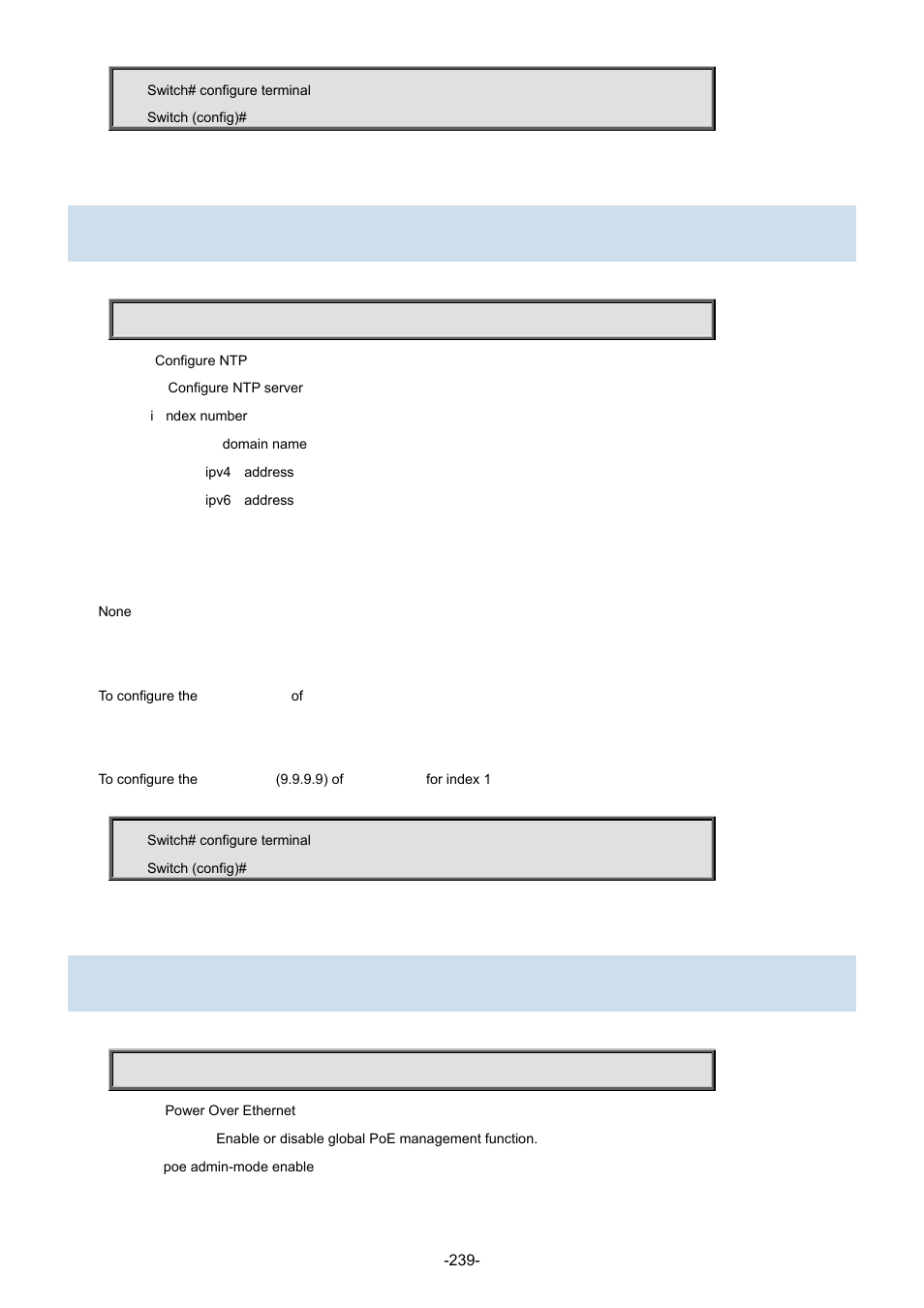 135 ntp server, 136 poe admin-mode enable | Interlogix NS3702-24P-4S Command Line Guide User Manual | Page 239 / 405