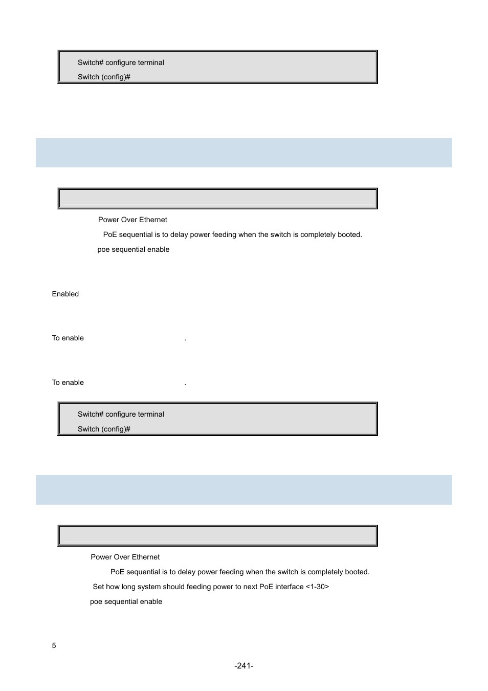 138 poe sequential enable, 139 poe sequential interval | Interlogix NS3702-24P-4S Command Line Guide User Manual | Page 241 / 405