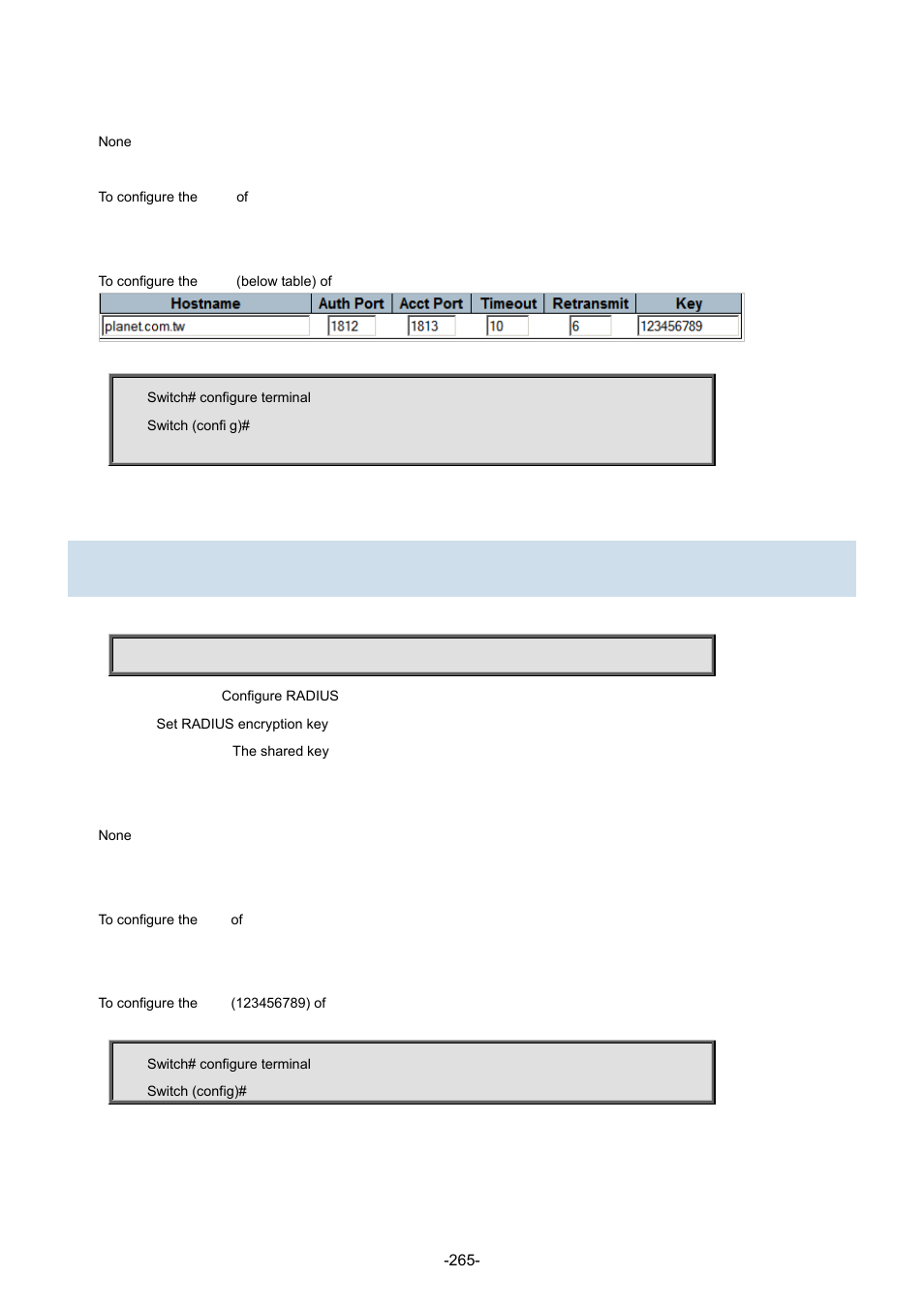 164 radius-server key | Interlogix NS3702-24P-4S Command Line Guide User Manual | Page 265 / 405