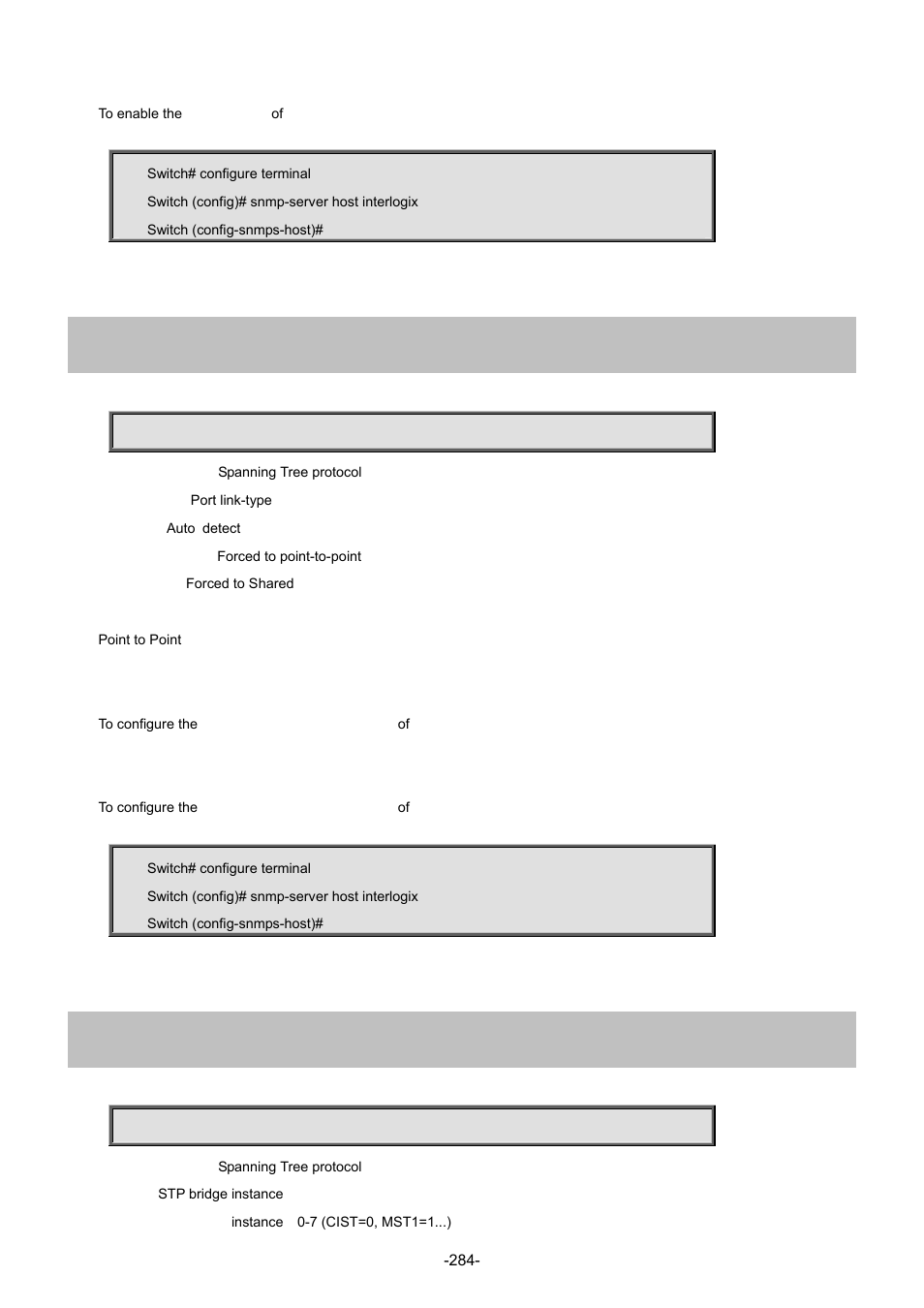 8 spanning-tree link-type, 9 spanning-tree mst <instance> cost | Interlogix NS3702-24P-4S Command Line Guide User Manual | Page 284 / 405