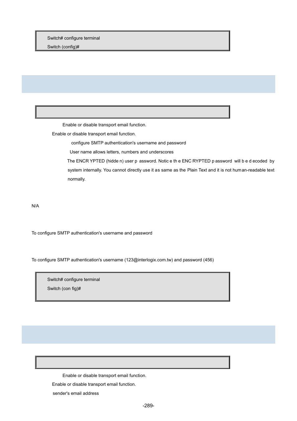 180 transport email authentication, 181 transport email from | Interlogix NS3702-24P-4S Command Line Guide User Manual | Page 289 / 405