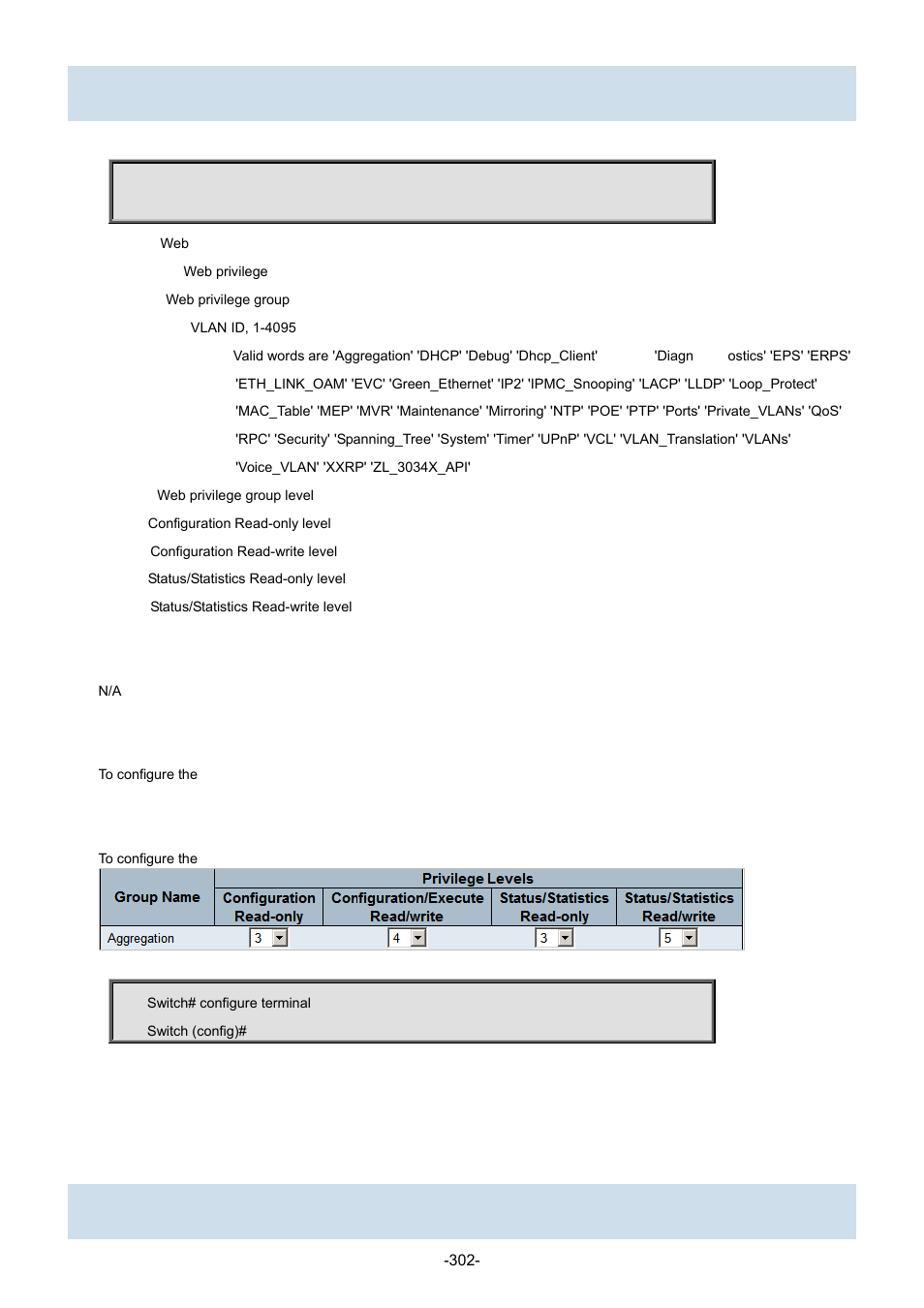 196 web privilege group, 3 copy, 1 copy | 3 copy 4.3.1 copy | Interlogix NS3702-24P-4S Command Line Guide User Manual | Page 302 / 405