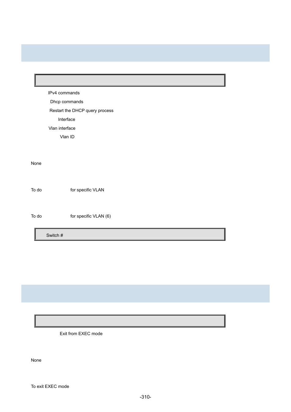 13 ip, 1 ip dhcp retry interface vlan, 14 logout | 1 logout | Interlogix NS3702-24P-4S Command Line Guide User Manual | Page 310 / 405
