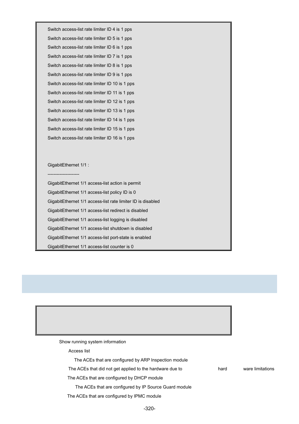 5 show access-list ace-status | Interlogix NS3702-24P-4S Command Line Guide User Manual | Page 320 / 405