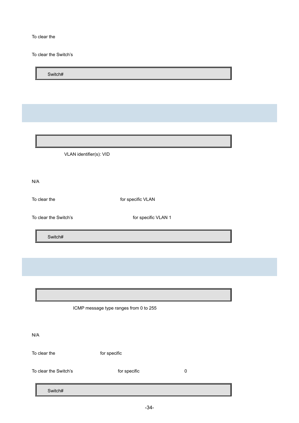 18 clear ip statistics icmp interface vlan, 19 clear ip statistics system icmp icmp-msg | Interlogix NS3702-24P-4S Command Line Guide User Manual | Page 34 / 405