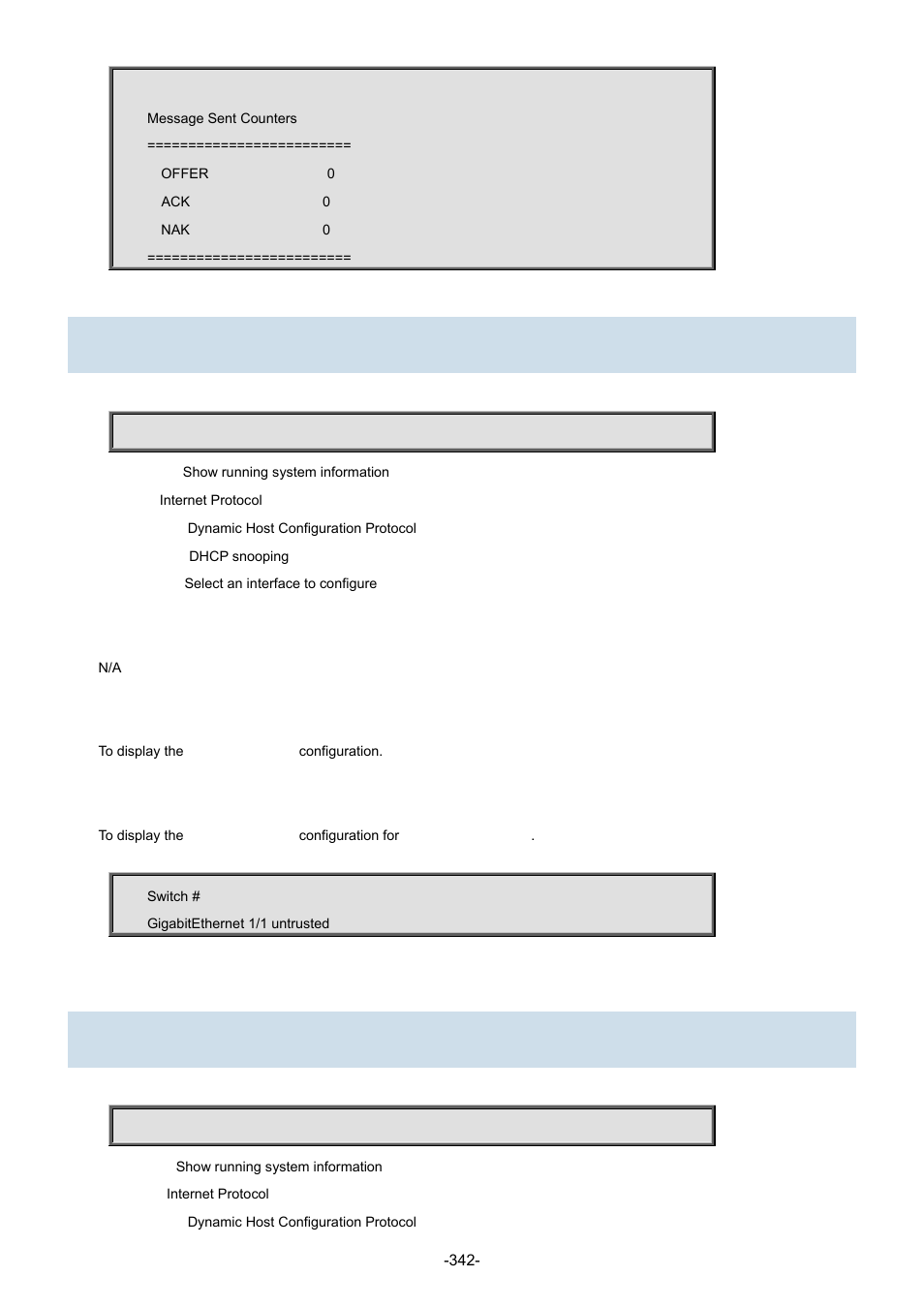 32 show ip dhcp snooping, 33 show ip dhcp snooping table | Interlogix NS3702-24P-4S Command Line Guide User Manual | Page 342 / 405