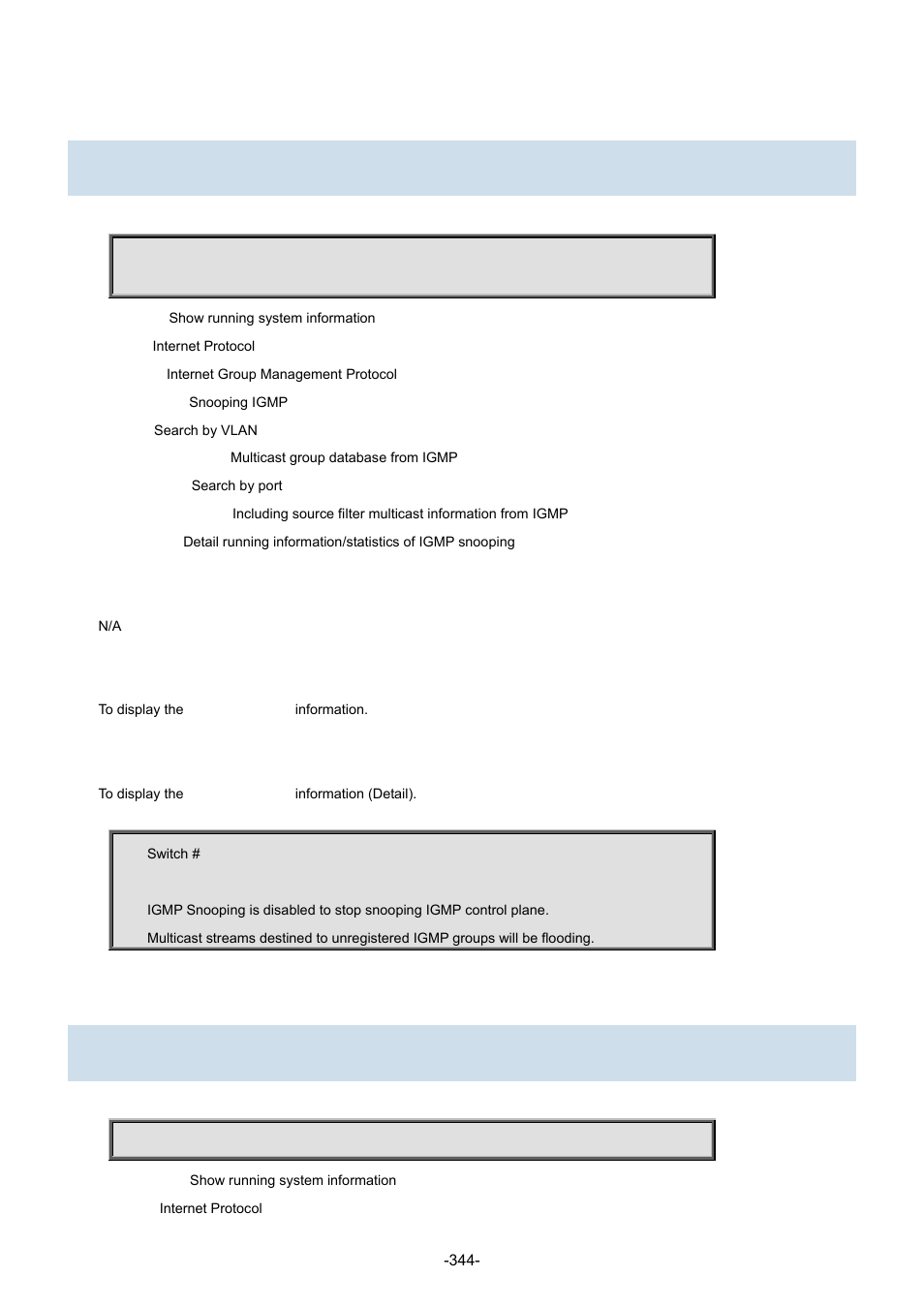 35 show ip igmp snooping, 36 show ip igmp snooping mrouter | Interlogix NS3702-24P-4S Command Line Guide User Manual | Page 344 / 405