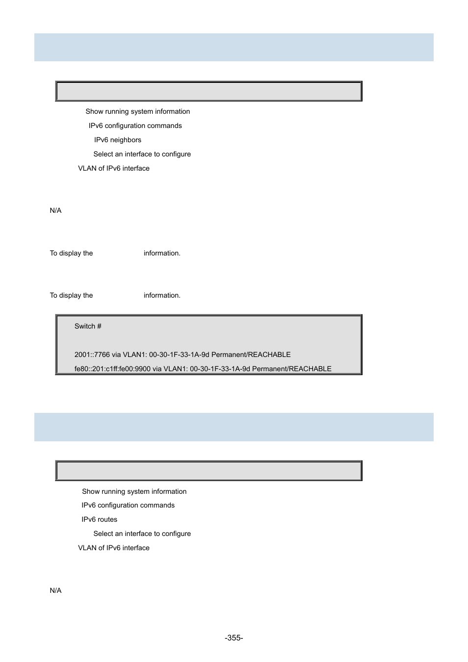 49 show ipv6 neighbor, 50 show ipv6 route | Interlogix NS3702-24P-4S Command Line Guide User Manual | Page 355 / 405