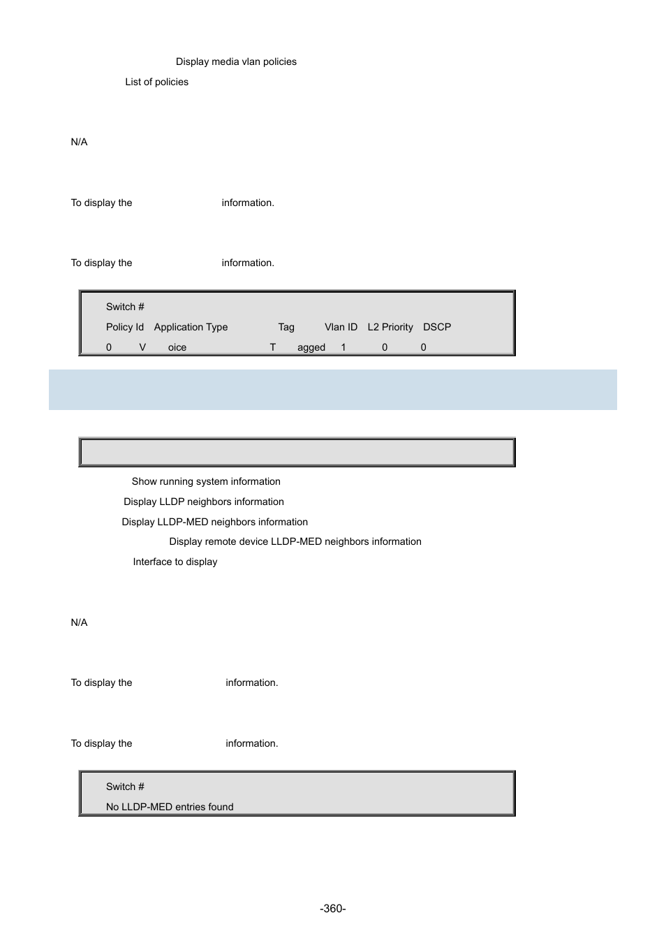 55 show lldp med remote-device | Interlogix NS3702-24P-4S Command Line Guide User Manual | Page 360 / 405
