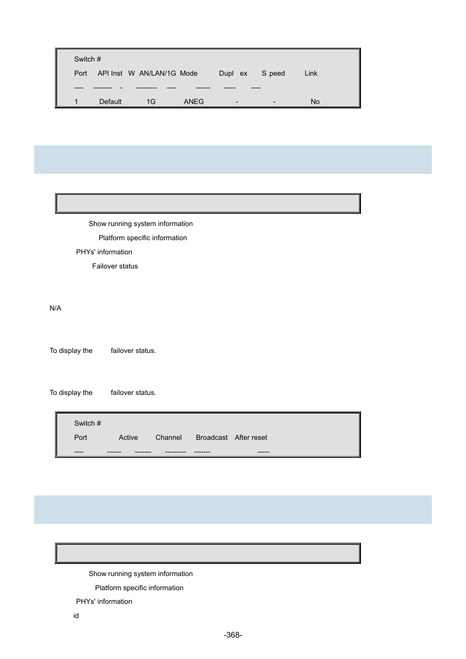 65 show platform phy failover, 66 show platform phy id | Interlogix NS3702-24P-4S Command Line Guide User Manual | Page 368 / 405