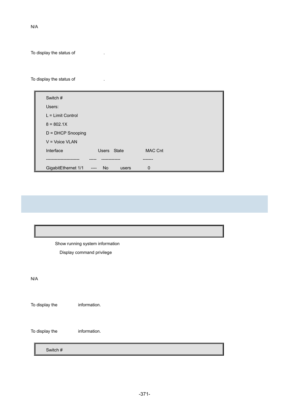 70 show privilege | Interlogix NS3702-24P-4S Command Line Guide User Manual | Page 371 / 405