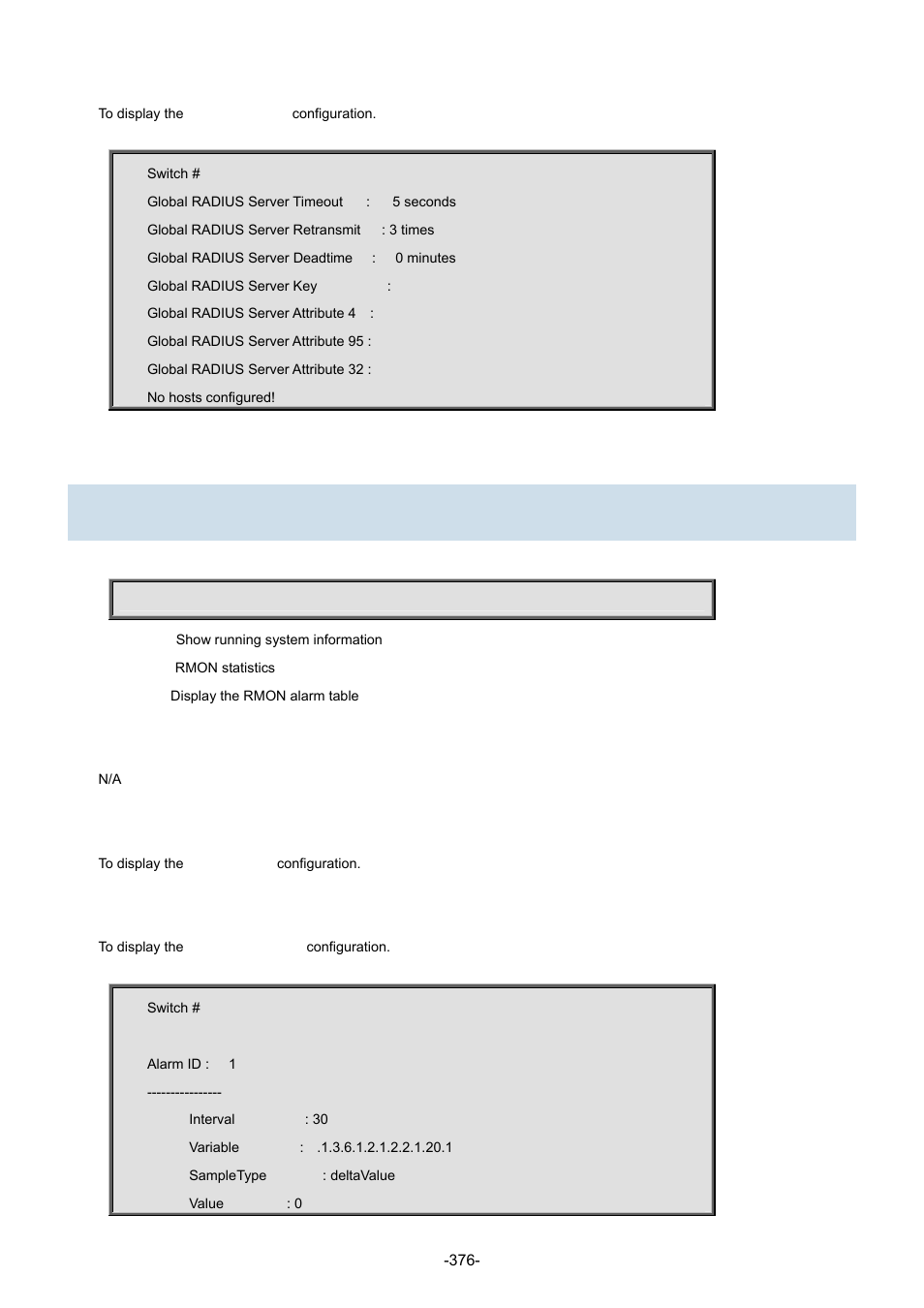 75 show rmon alarm | Interlogix NS3702-24P-4S Command Line Guide User Manual | Page 376 / 405