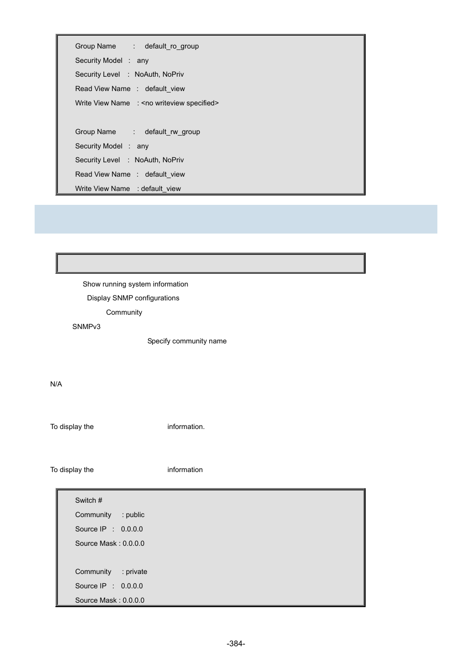 82 show snmp community v3 | Interlogix NS3702-24P-4S Command Line Guide User Manual | Page 384 / 405