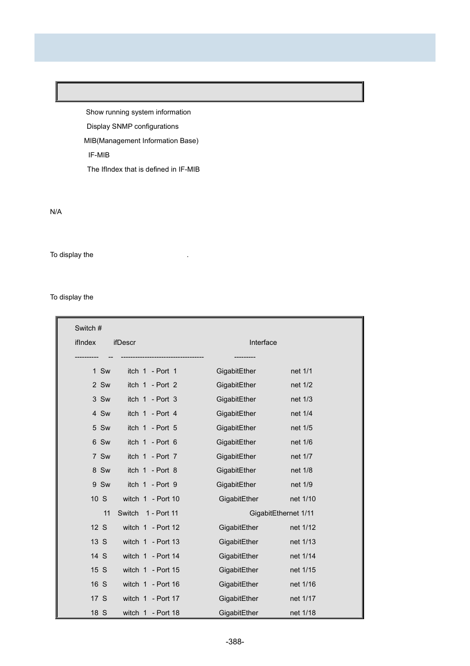 85 show snmp mib ifmib ifindex | Interlogix NS3702-24P-4S Command Line Guide User Manual | Page 388 / 405