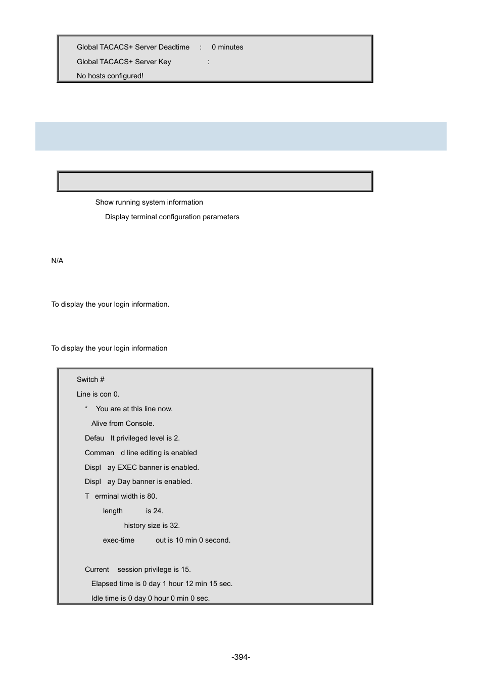 92 show terminal | Interlogix NS3702-24P-4S Command Line Guide User Manual | Page 394 / 405