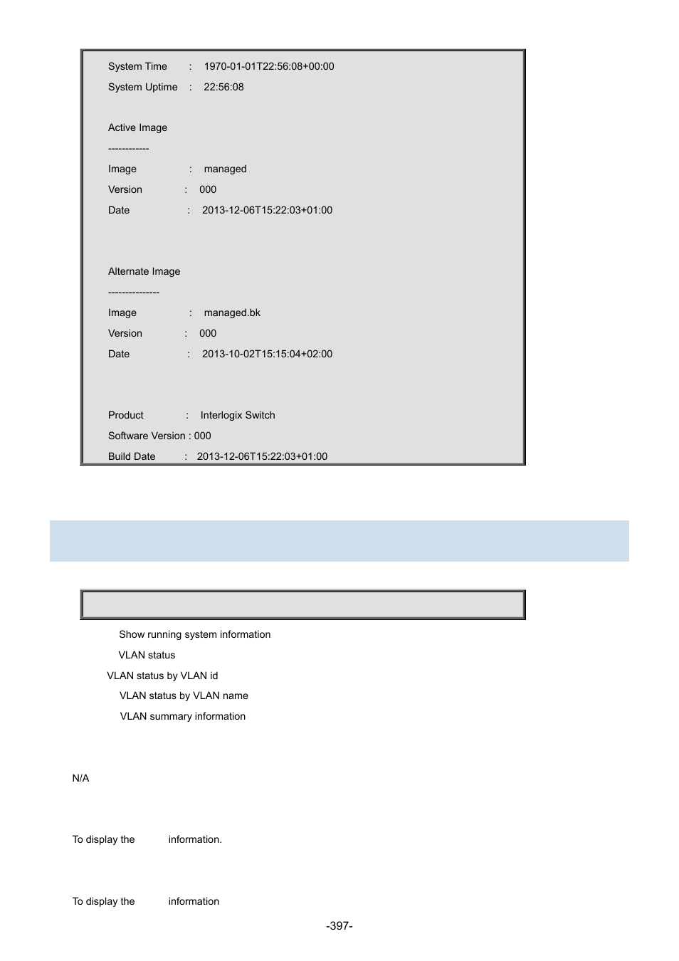 96 show vlan | Interlogix NS3702-24P-4S Command Line Guide User Manual | Page 397 / 405