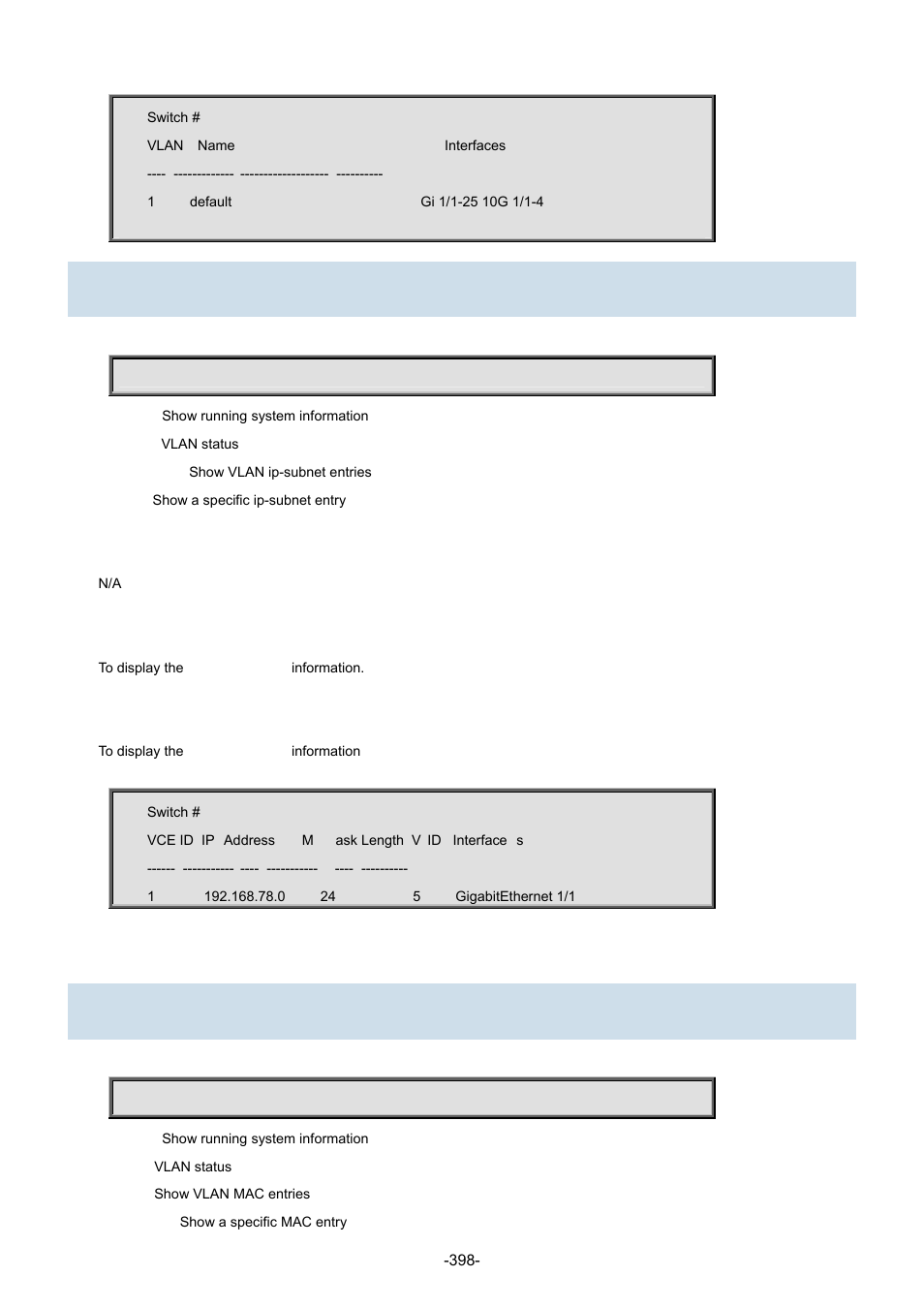 97 show vlan ip-subnet, 98 show vlan mac | Interlogix NS3702-24P-4S Command Line Guide User Manual | Page 398 / 405