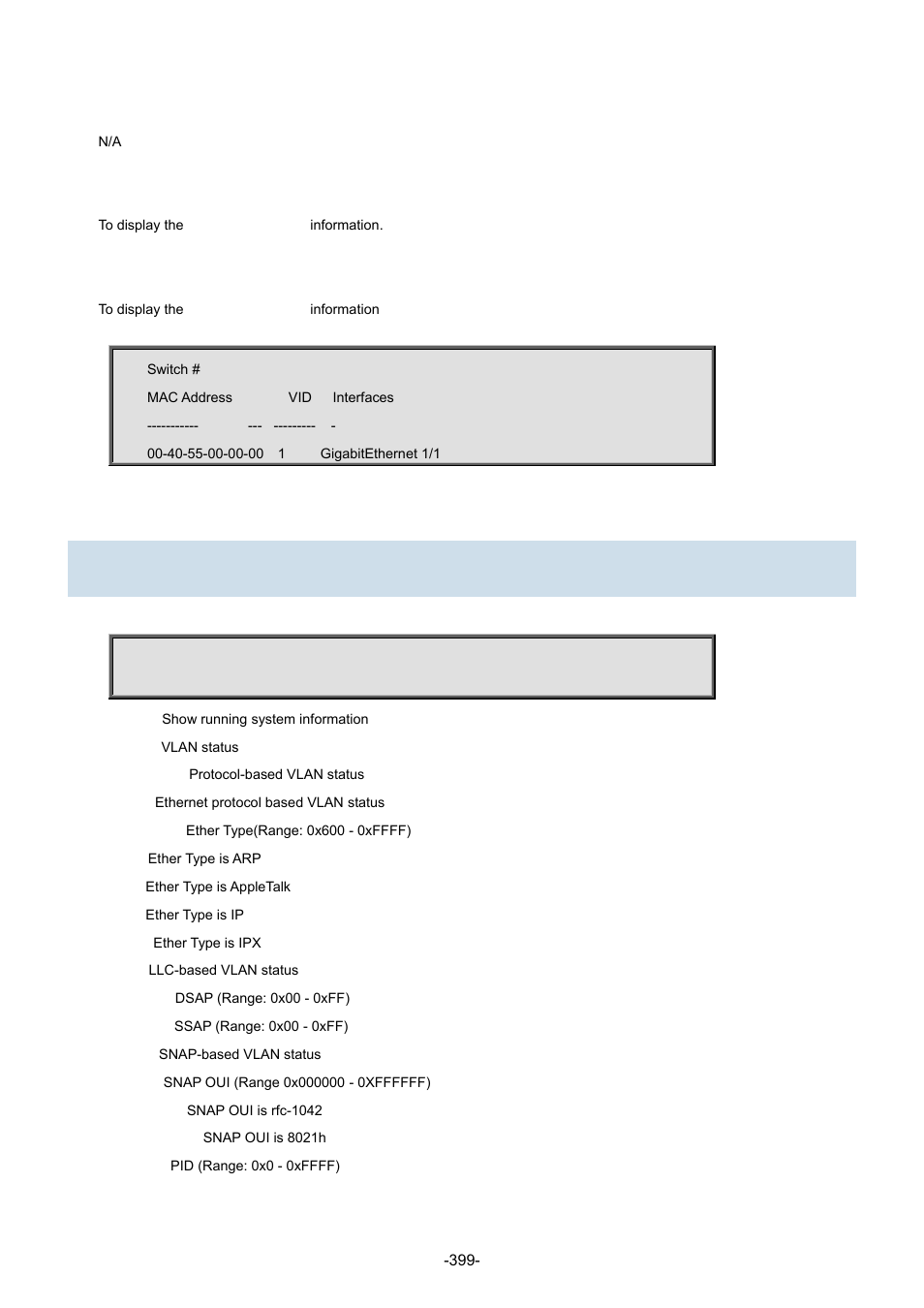 99 show vlan protocol | Interlogix NS3702-24P-4S Command Line Guide User Manual | Page 399 / 405