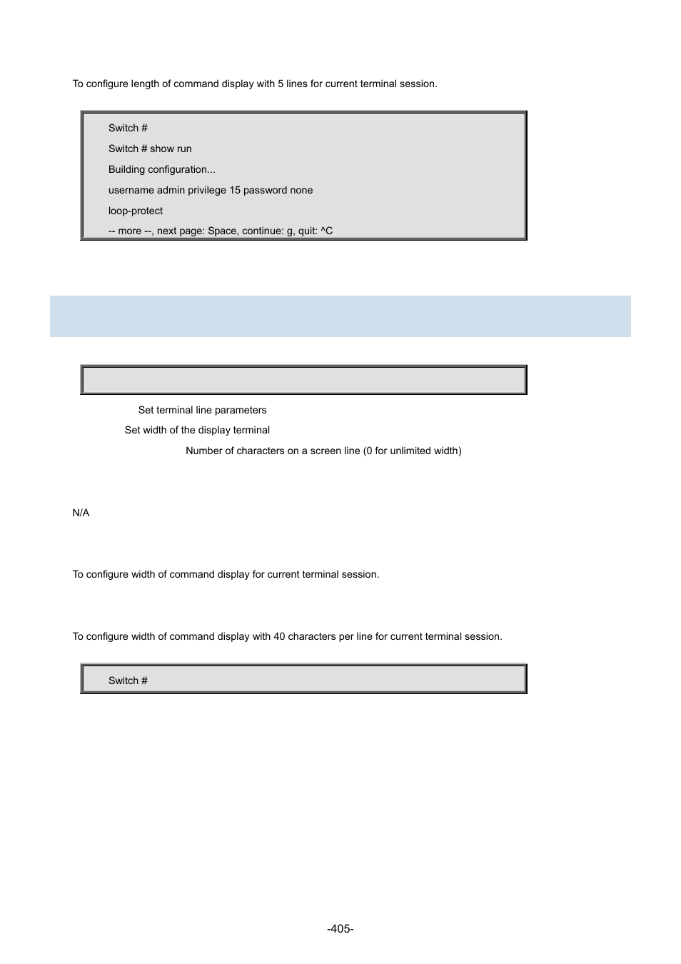 5 terminal width | Interlogix NS3702-24P-4S Command Line Guide User Manual | Page 405 / 405