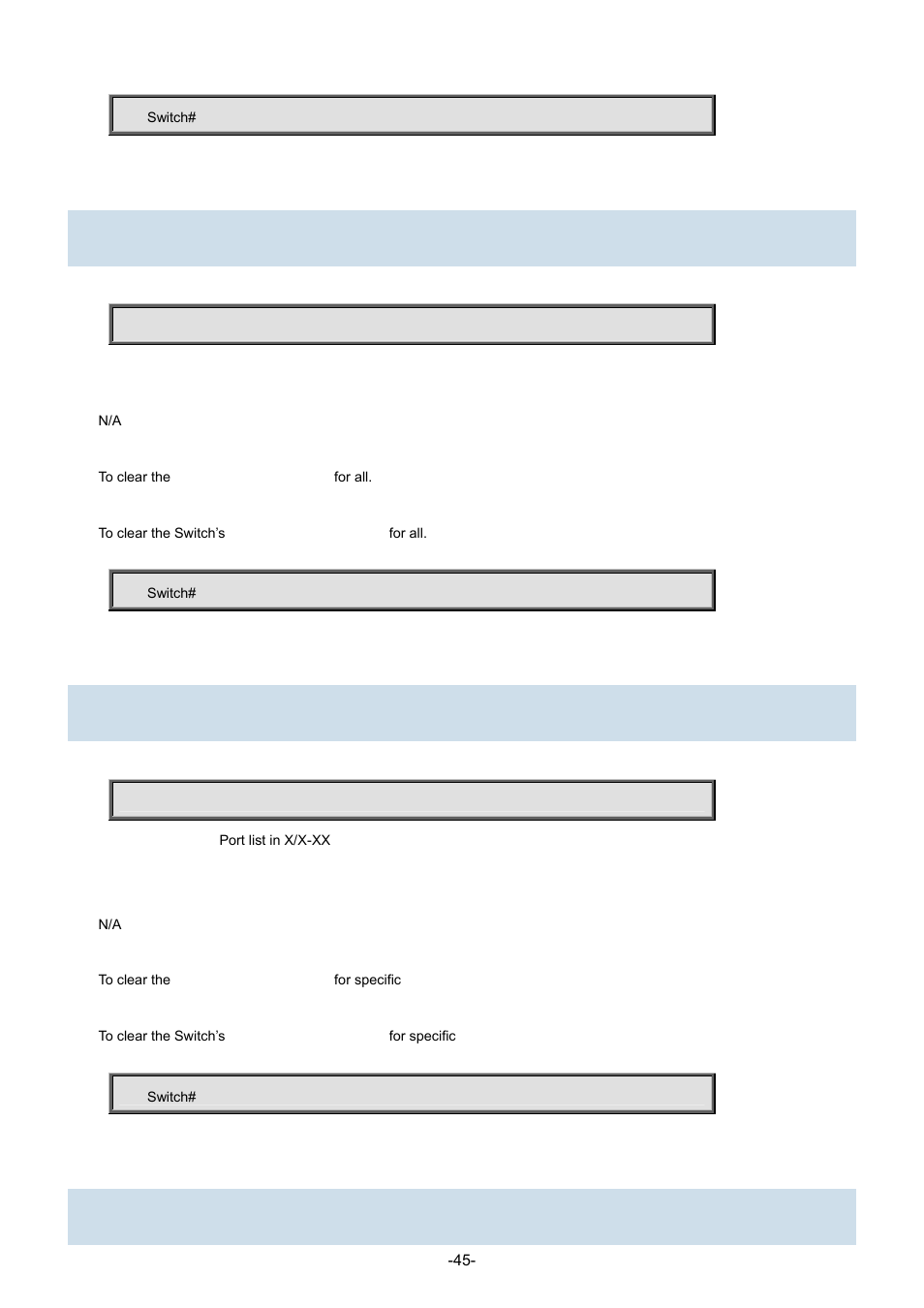 44 clear spanning-tree statistics interface, 46 clear statistics | Interlogix NS3702-24P-4S Command Line Guide User Manual | Page 45 / 405