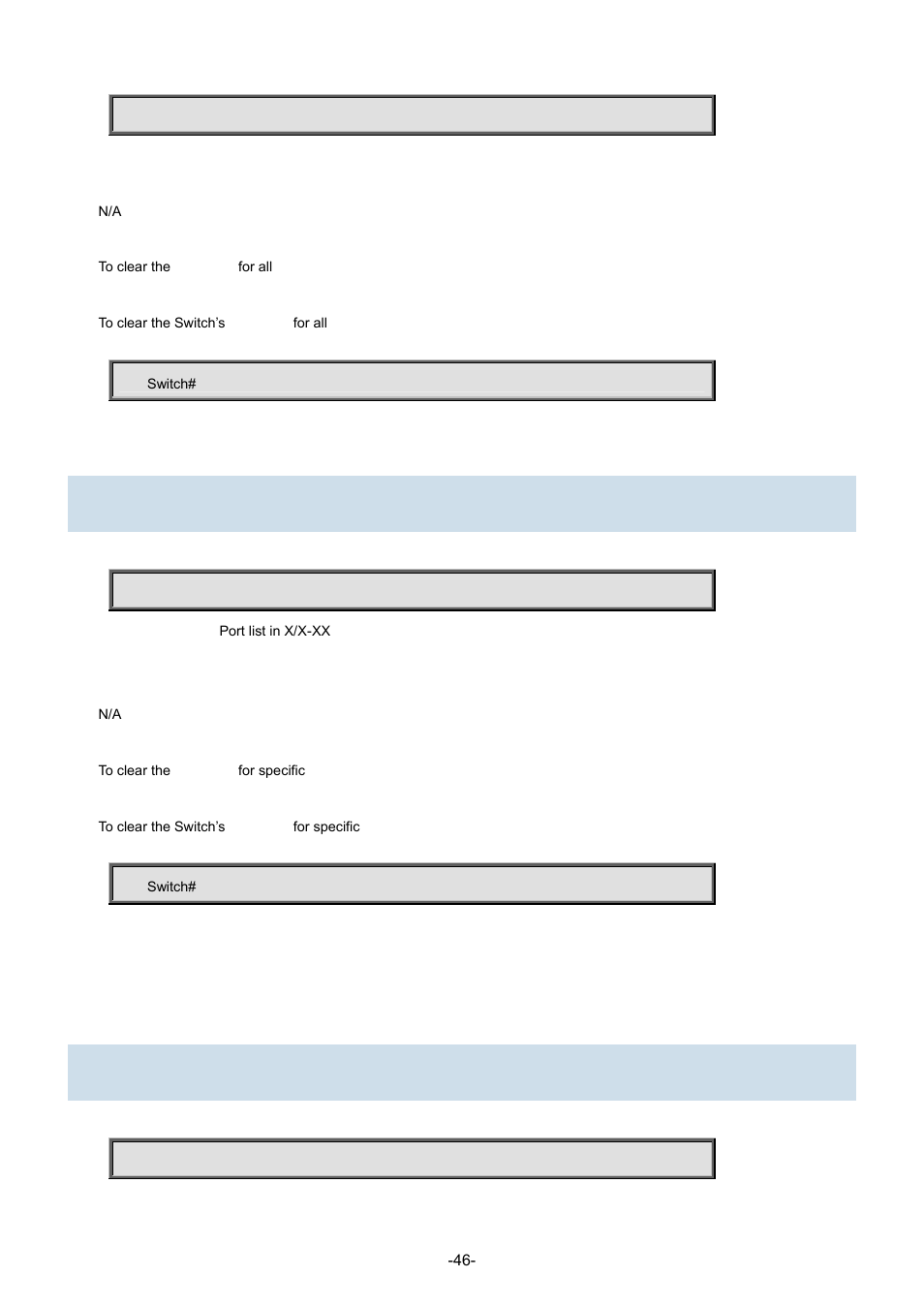 47 clear statistics gigabitethernet, 2 configure terminal, 1 aaa authentication login console local | Interlogix NS3702-24P-4S Command Line Guide User Manual | Page 46 / 405