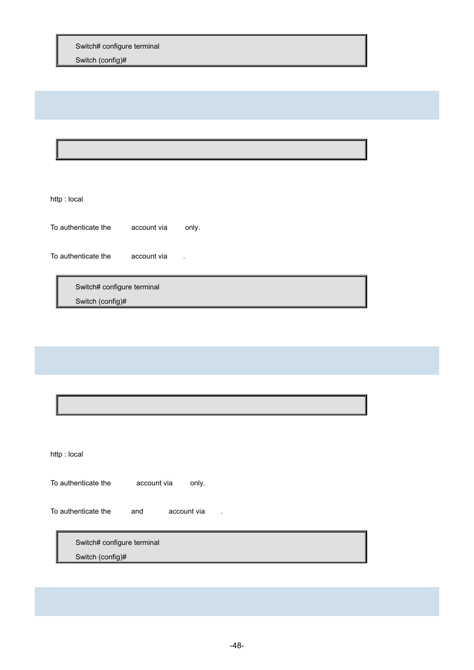 4 aaa authentication login http local, 5 aaa authentication login http radius, 6 aaa authentication login http tacacs | Interlogix NS3702-24P-4S Command Line Guide User Manual | Page 48 / 405