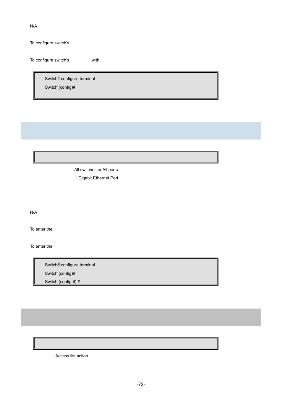 48 interface * | gigabitethernet, 1 access-list action permit | Interlogix NS3702-24P-4S Command Line Guide User Manual | Page 72 / 405