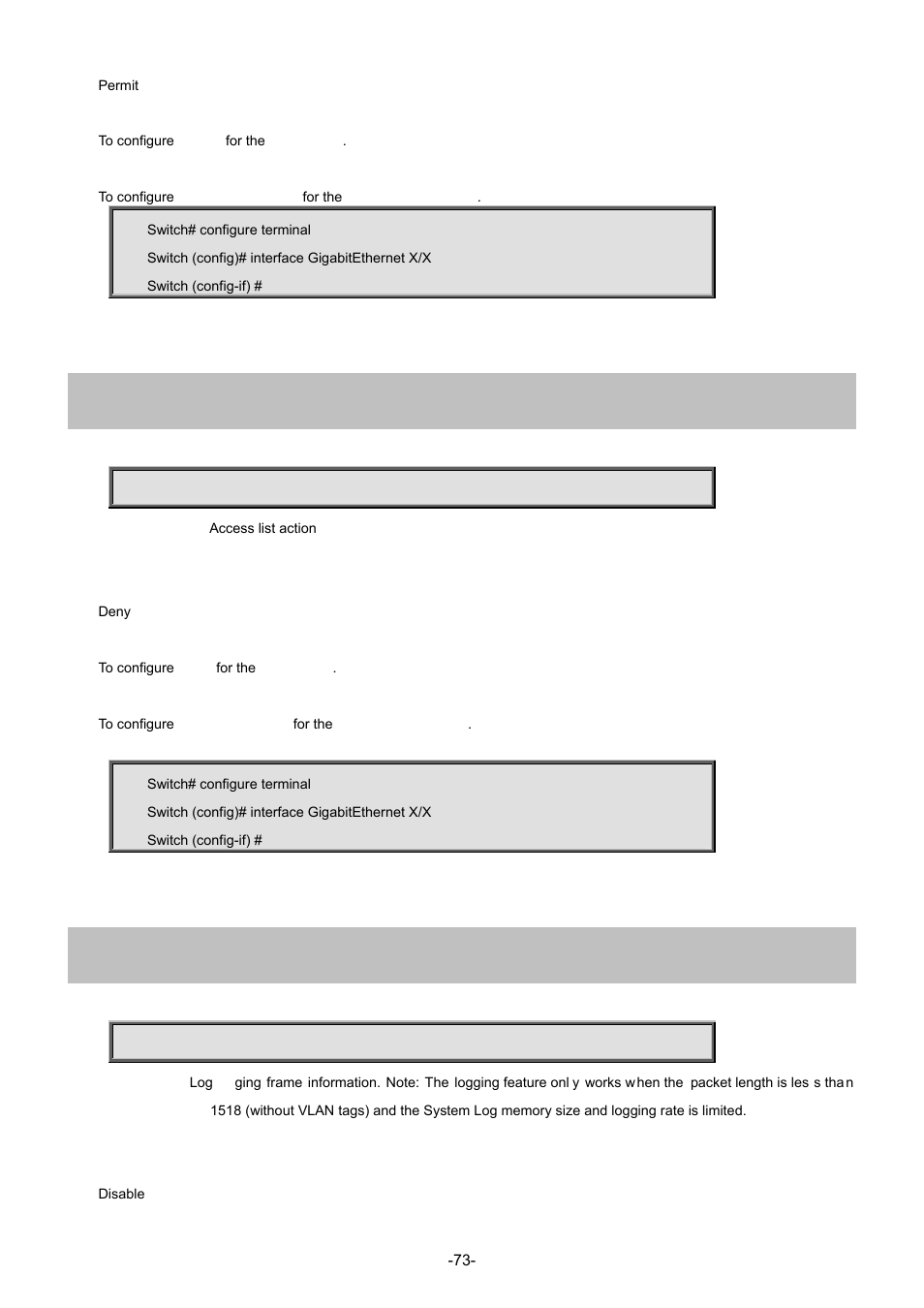 2 access-list action deny, 3 access-list logging | Interlogix NS3702-24P-4S Command Line Guide User Manual | Page 73 / 405