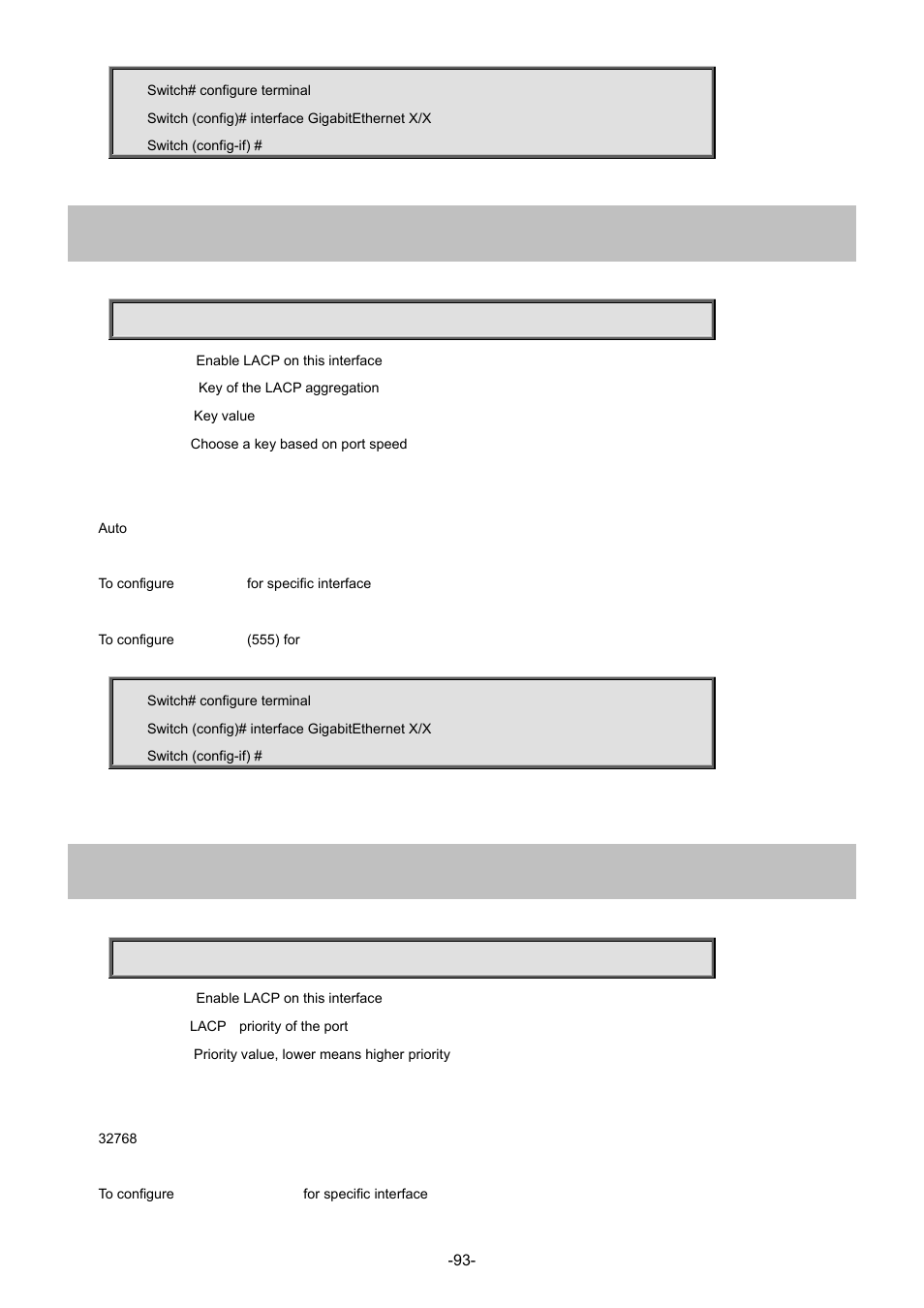 41 lacp key, 42 lacp port-priority | Interlogix NS3702-24P-4S Command Line Guide User Manual | Page 93 / 405