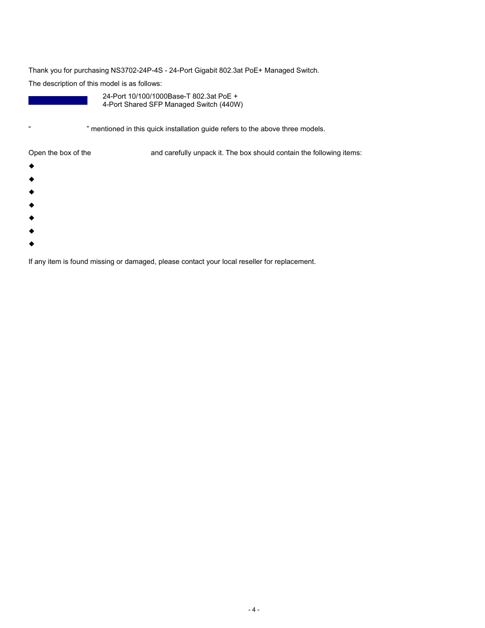Package contents | Interlogix NS3702-24P-4S Quick Start User Manual | Page 4 / 13