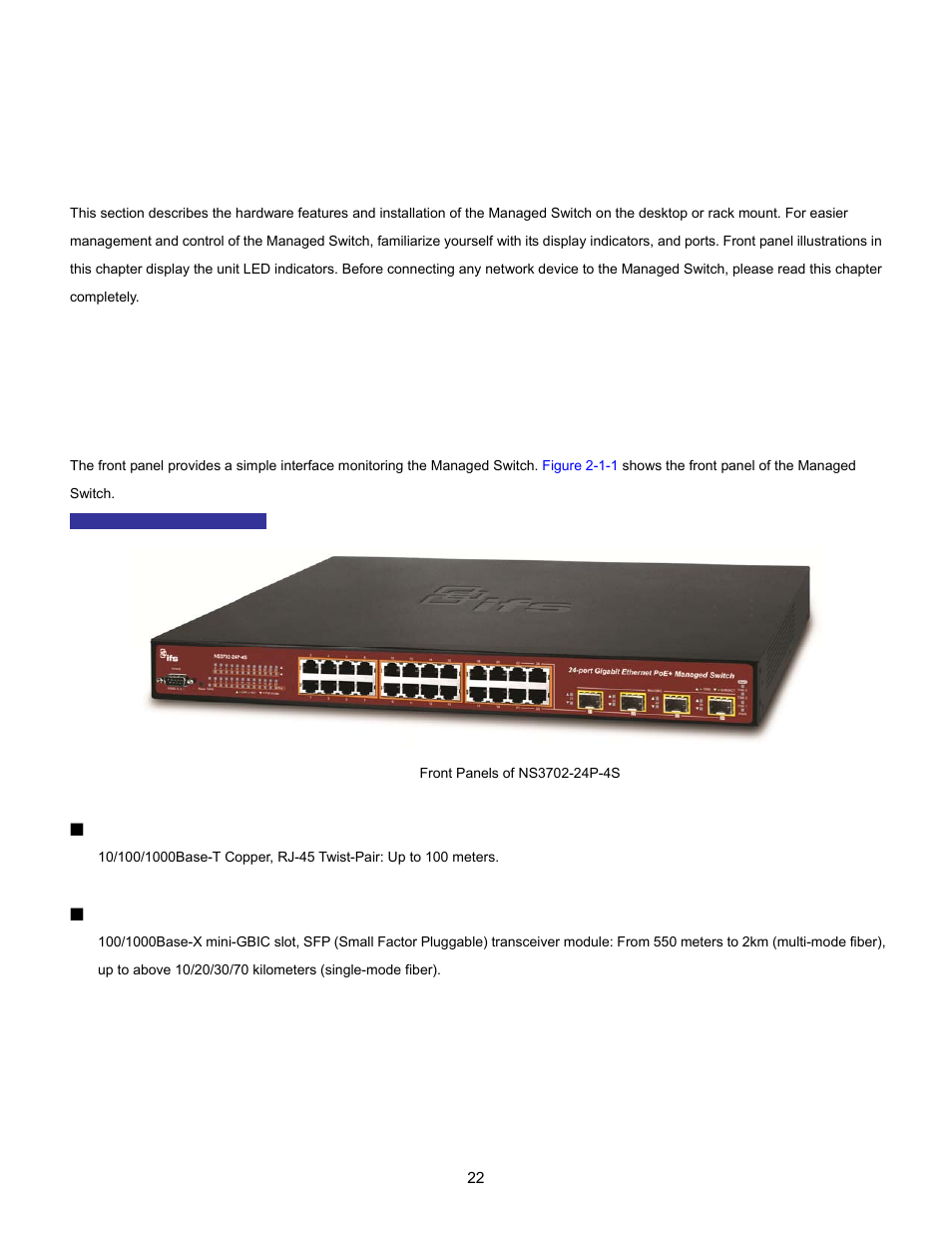 Installation, 1 hardware description, 1 switch front panel | Interlogix NS3702-24P-4S User Manual User Manual | Page 22 / 405