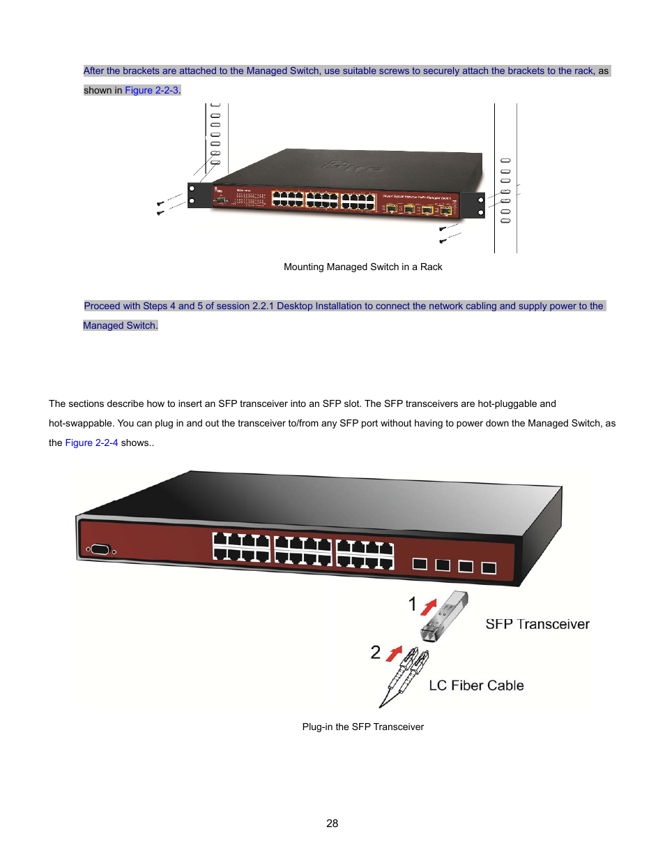 3 installing the sfp transceiver | Interlogix NS3702-24P-4S User Manual User Manual | Page 28 / 405