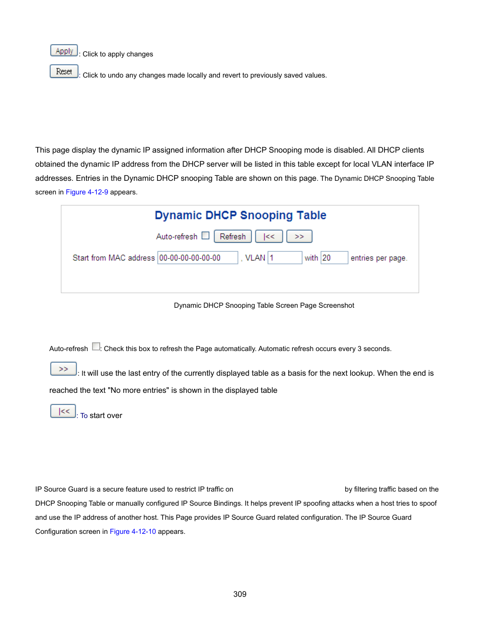 9 snooping table, 10 ip source guard configuration | Interlogix NS3702-24P-4S User Manual User Manual | Page 309 / 405