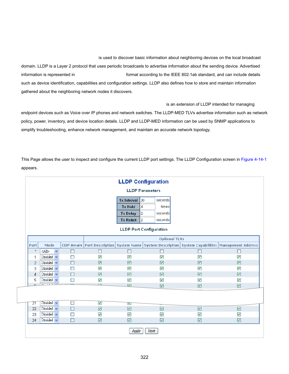 14 lldp, 1 link layer discovery protocol, 2 lldp configuration | Interlogix NS3702-24P-4S User Manual User Manual | Page 322 / 405