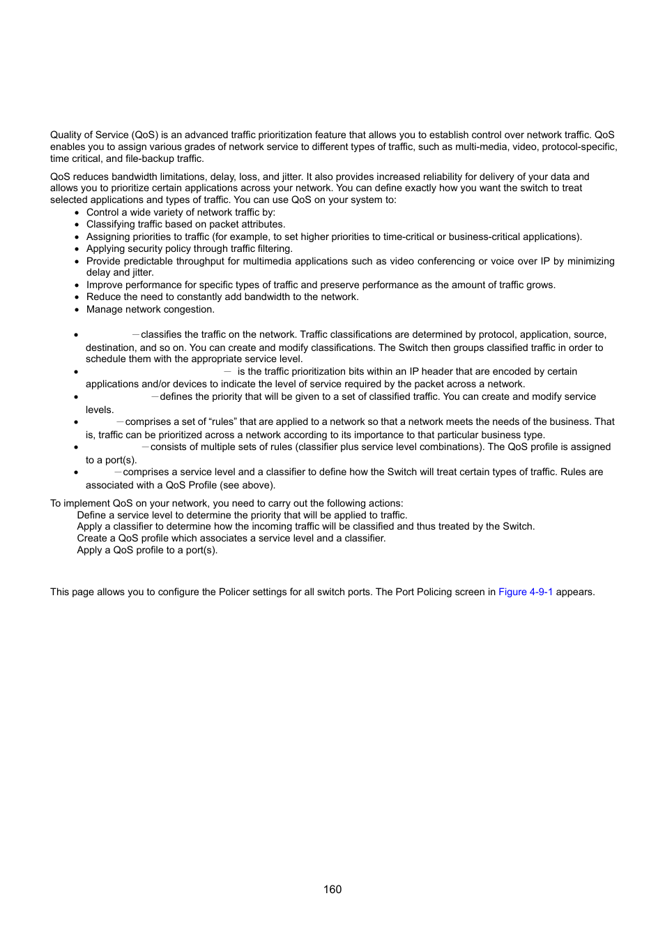 9 quality of service, 1 understand qos, 2 port policing | Interlogix NS3550-8T-2S User Manual User Manual | Page 160 / 495