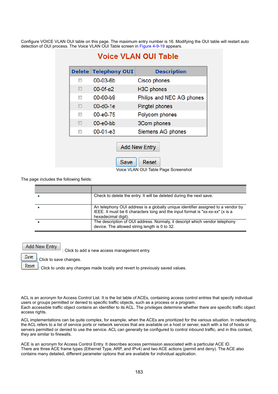 16 voice vlan oui table, 10 access control lists | Interlogix NS3550-8T-2S User Manual User Manual | Page 183 / 495