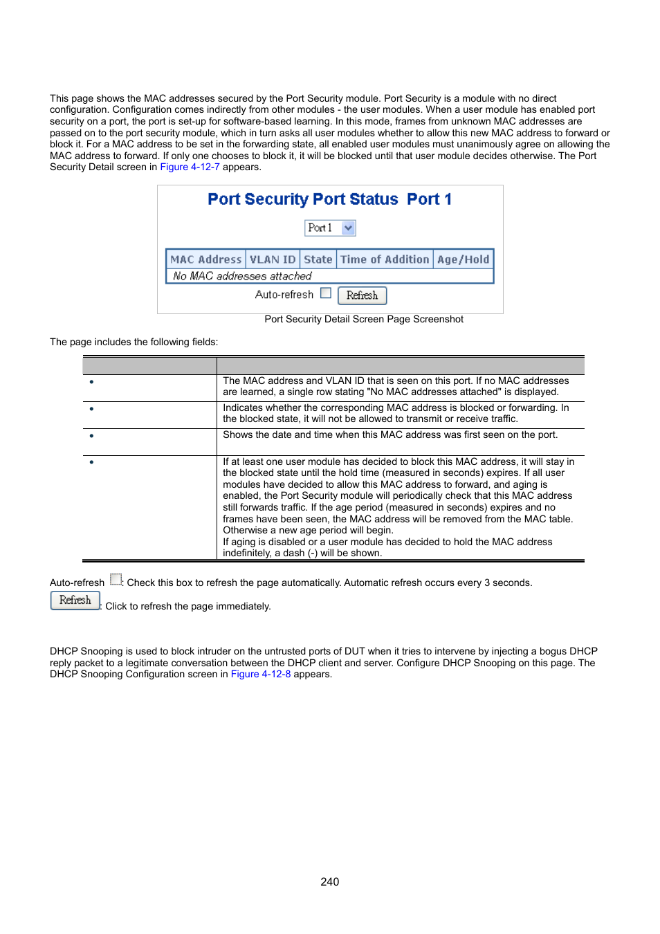 7 port security detail, 8 dhcp snooping | Interlogix NS3550-8T-2S User Manual User Manual | Page 240 / 495