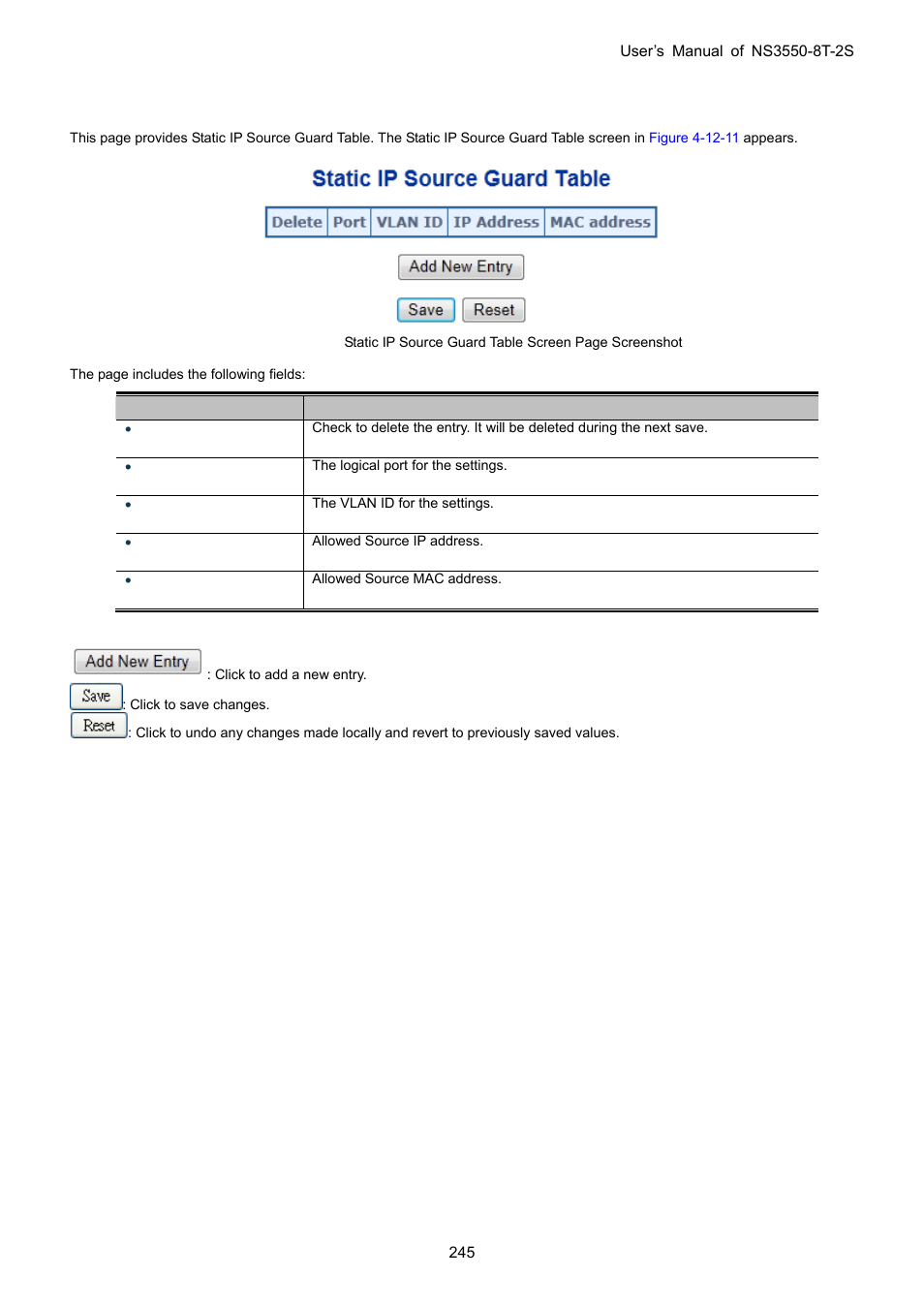 11 ip source guard static table | Interlogix NS3550-8T-2S User Manual User Manual | Page 245 / 495