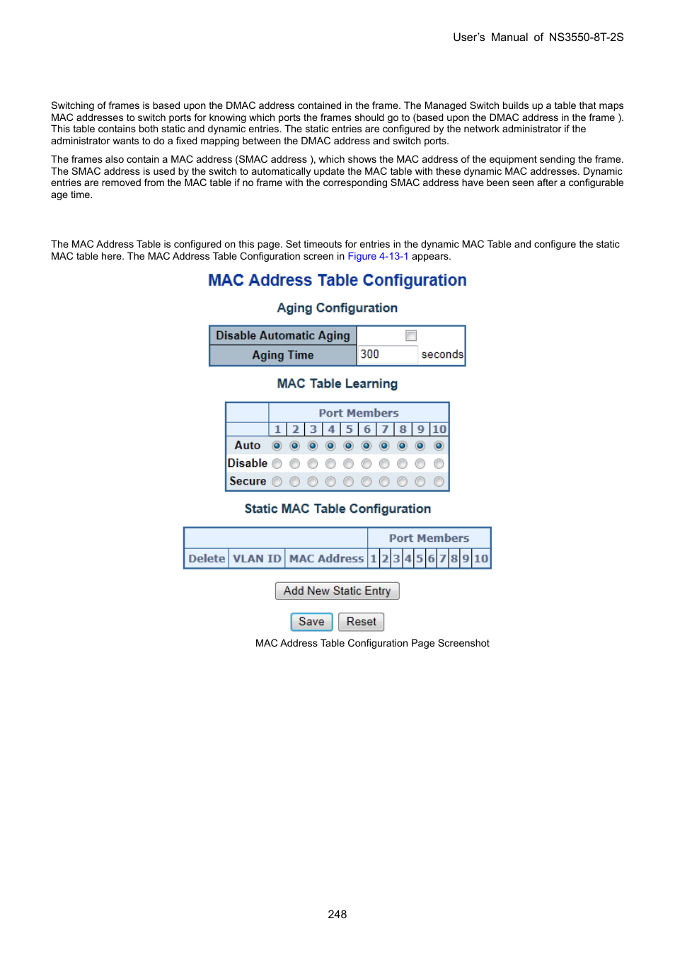 13 mac address table, 1 mac address table configuration | Interlogix NS3550-8T-2S User Manual User Manual | Page 248 / 495