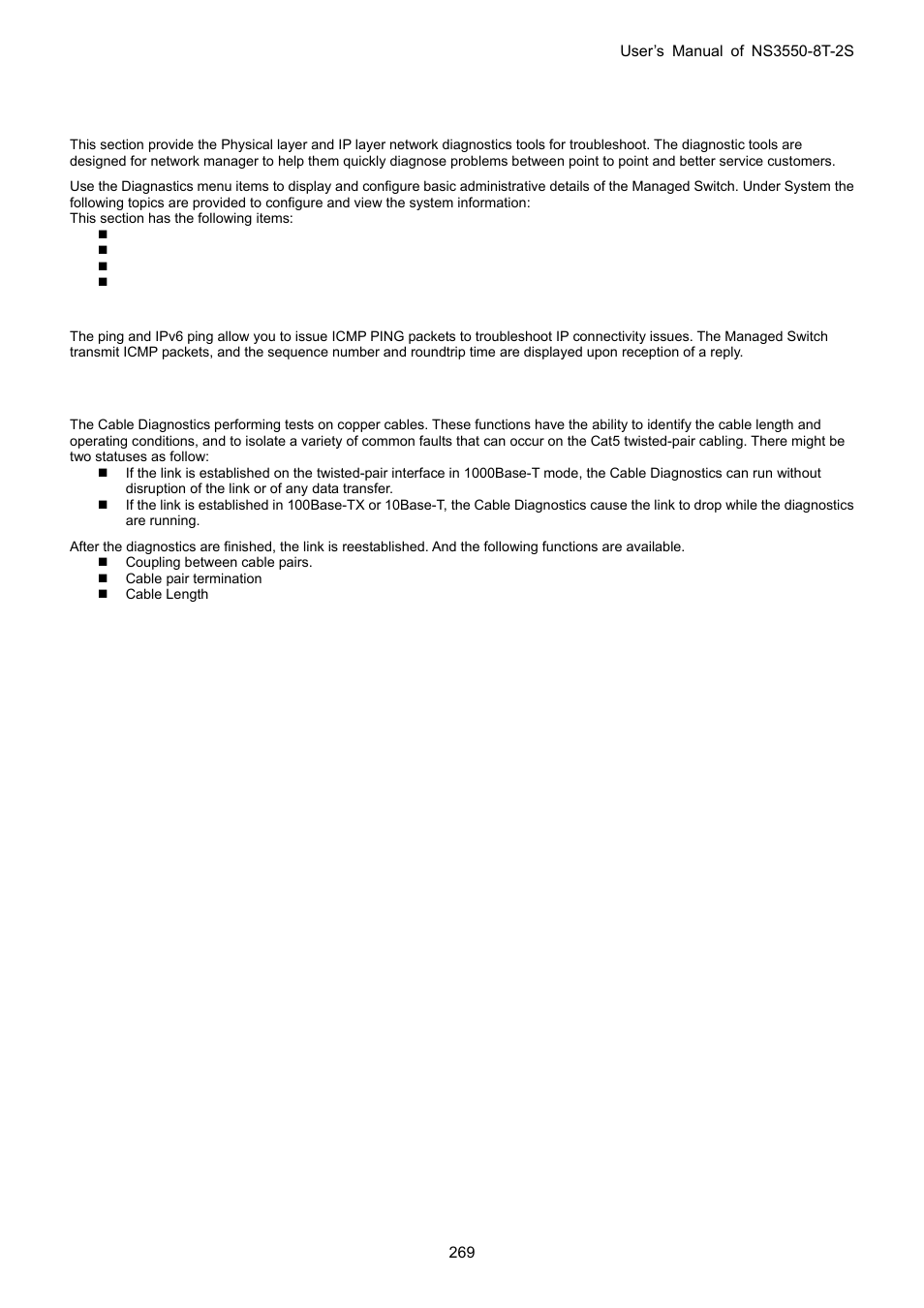 15 diagnostics, Ping, Cable diagnostics | Interlogix NS3550-8T-2S User Manual User Manual | Page 269 / 495