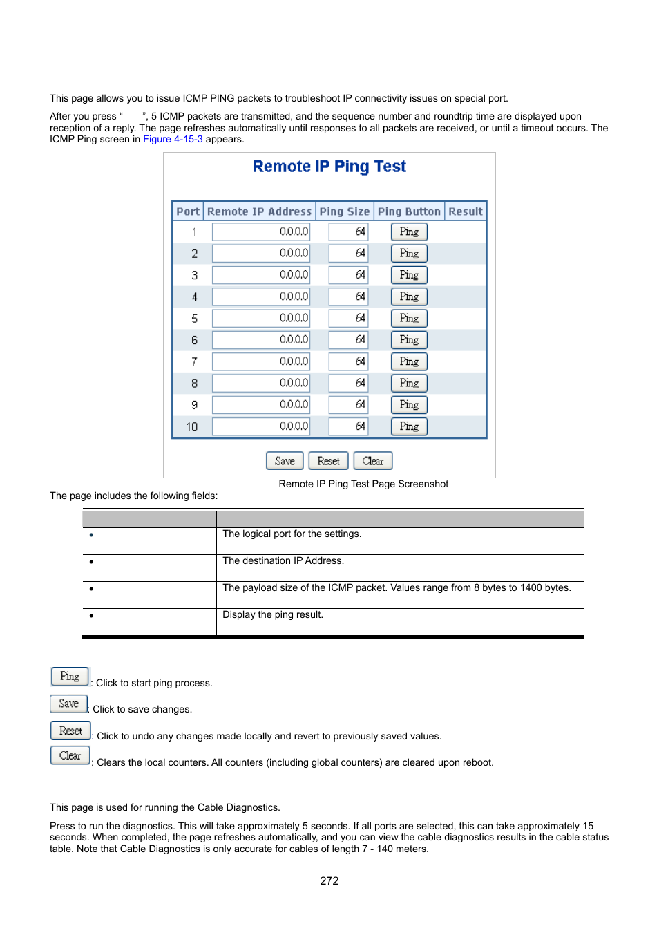 3 remote ip ping test, 4 cable diagnostics | Interlogix NS3550-8T-2S User Manual User Manual | Page 272 / 495