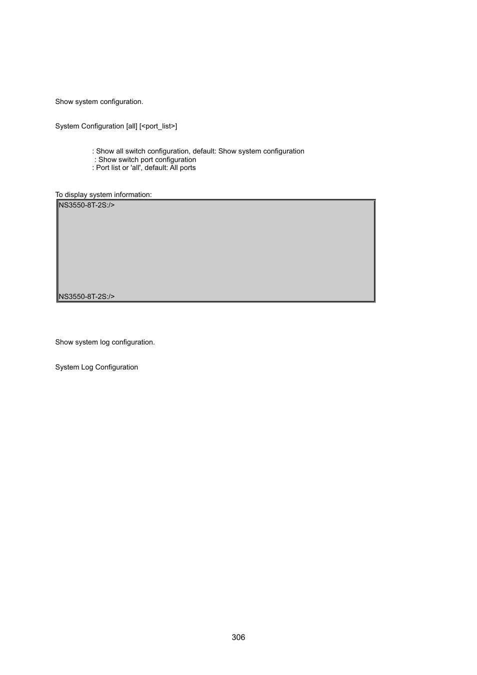 1 system command, System configuration, System log configuration | Interlogix NS3550-8T-2S User Manual User Manual | Page 306 / 495