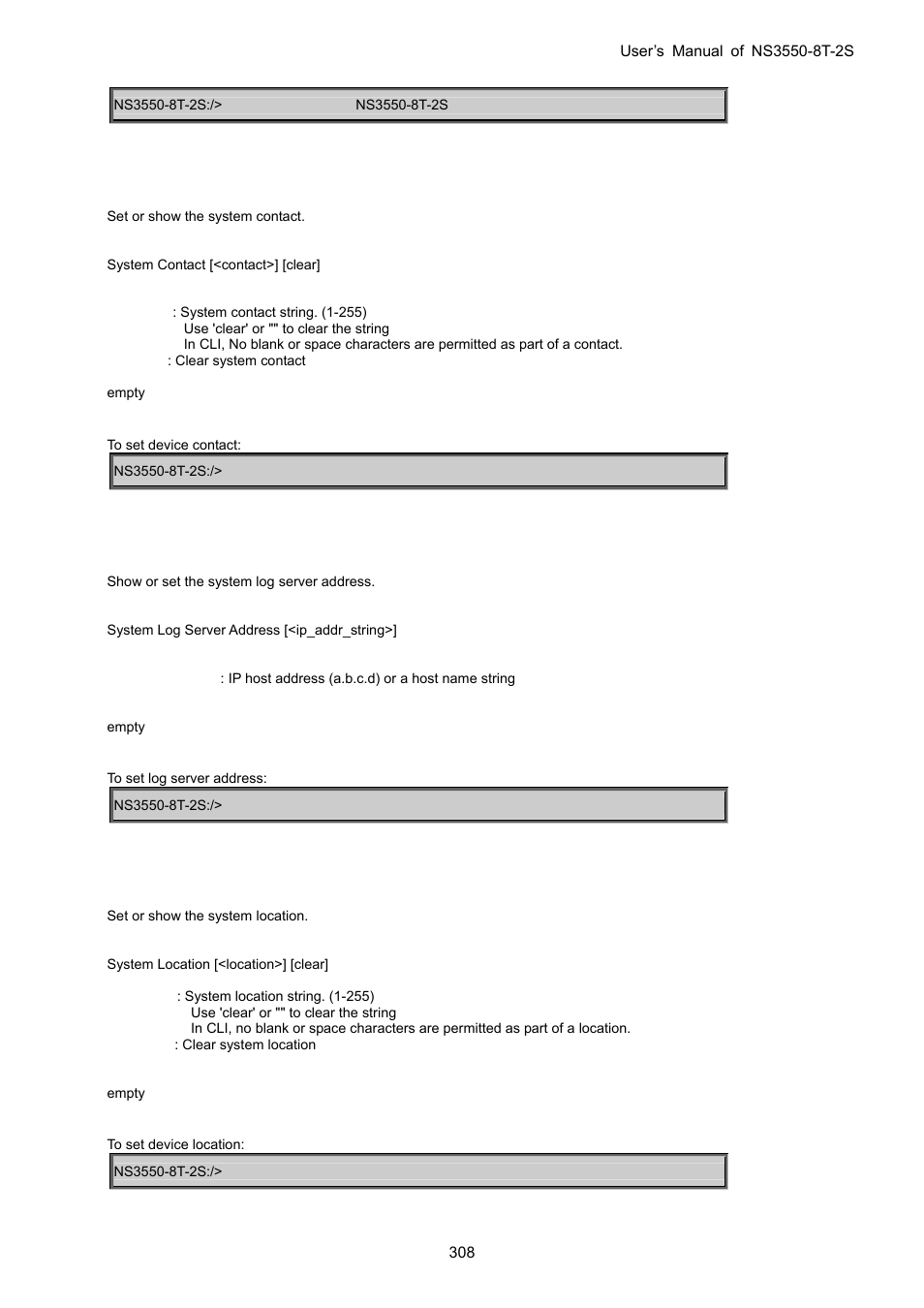 System contact, System log server address, System location | Interlogix NS3550-8T-2S User Manual User Manual | Page 308 / 495